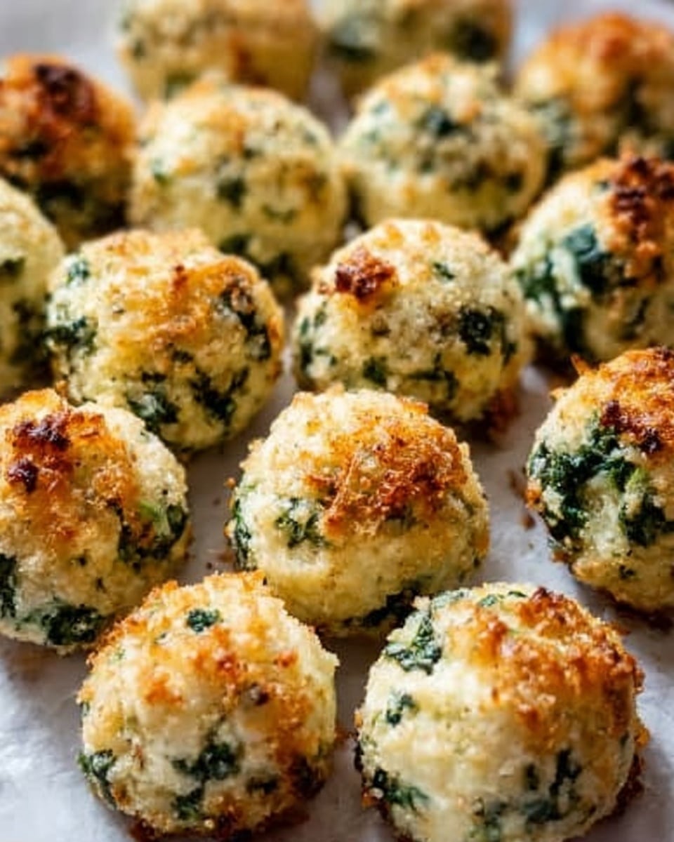 The image shows many small round balls that look like cheese and spinach bites placed closely together on white parchment paper. Each ball has a golden brown crust on top with some darker toasted spots, a crumbly texture, and visible green spinach bits mixed in the creamy white base. The balls appear baked, with a slightly rough and uneven surface. The background is a white marbled texture. photo taken with an iphone --ar 4:5 --v 7