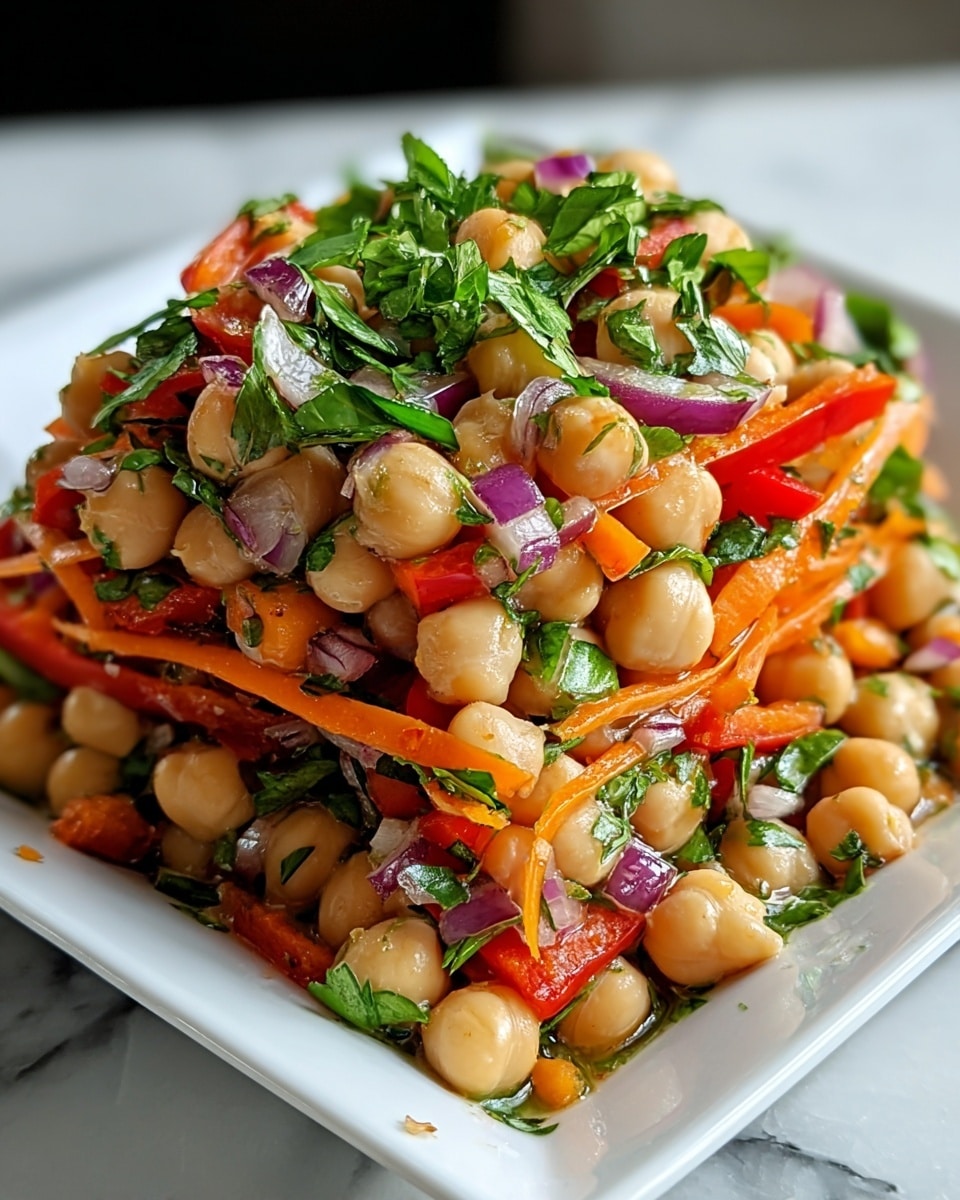 The image shows a close-up of a chickpea salad served in a square white plate, placed on a white marbled surface. The salad has three main layers: a base layer of light beige chickpeas, a middle layer of thin orange carrot strips and bright red bell pepper slices, and a top layer of chopped fresh green parsley and small pieces of purple-red onion. The salad looks fresh and mixed well, with the colors of the vegetables and herbs contrasting nicely against the chickpeas. The texture appears moist and slightly glossy, indicating a light dressing. photo taken with an iphone --ar 4:5 --v 7