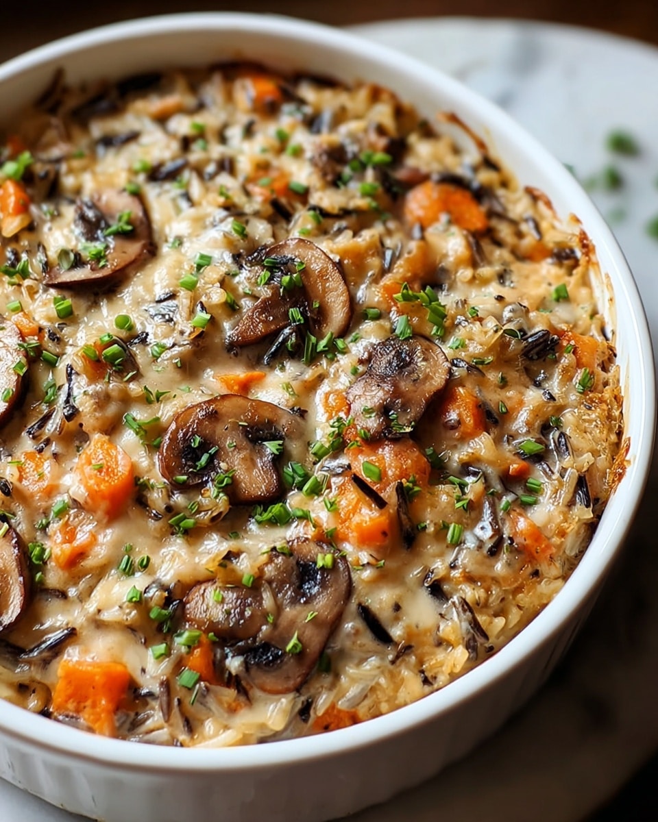 A close-up view of a creamy wild rice casserole in a round white dish, filled with a mix of cooked wild rice, orange carrot slices, sliced brown mushrooms, and green chopped herbs scattered on top. The creamy sauce covers the rice and vegetables, making the texture look rich and moist, with a slightly browned surface showing small crispy spots. The dish sits on a white marbled surface, with soft natural light highlighting the colors and textures. photo taken with an iphone --ar 4:5 --v 7