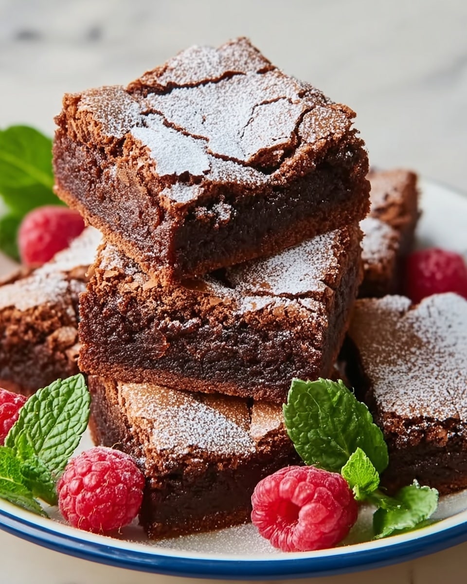 The image shows a stack of five square brownies on a white plate with a blue rim, each brownie having a cracked, light brown top dusted with powdered sugar, revealing a moist and rich dark brown interior. Around the brownies are fresh red raspberries and bright green mint leaves, adding color contrast and freshness. The plate is placed on a white marbled surface that brightens the scene. Photo taken with an iphone --ar 4:5 --v 7