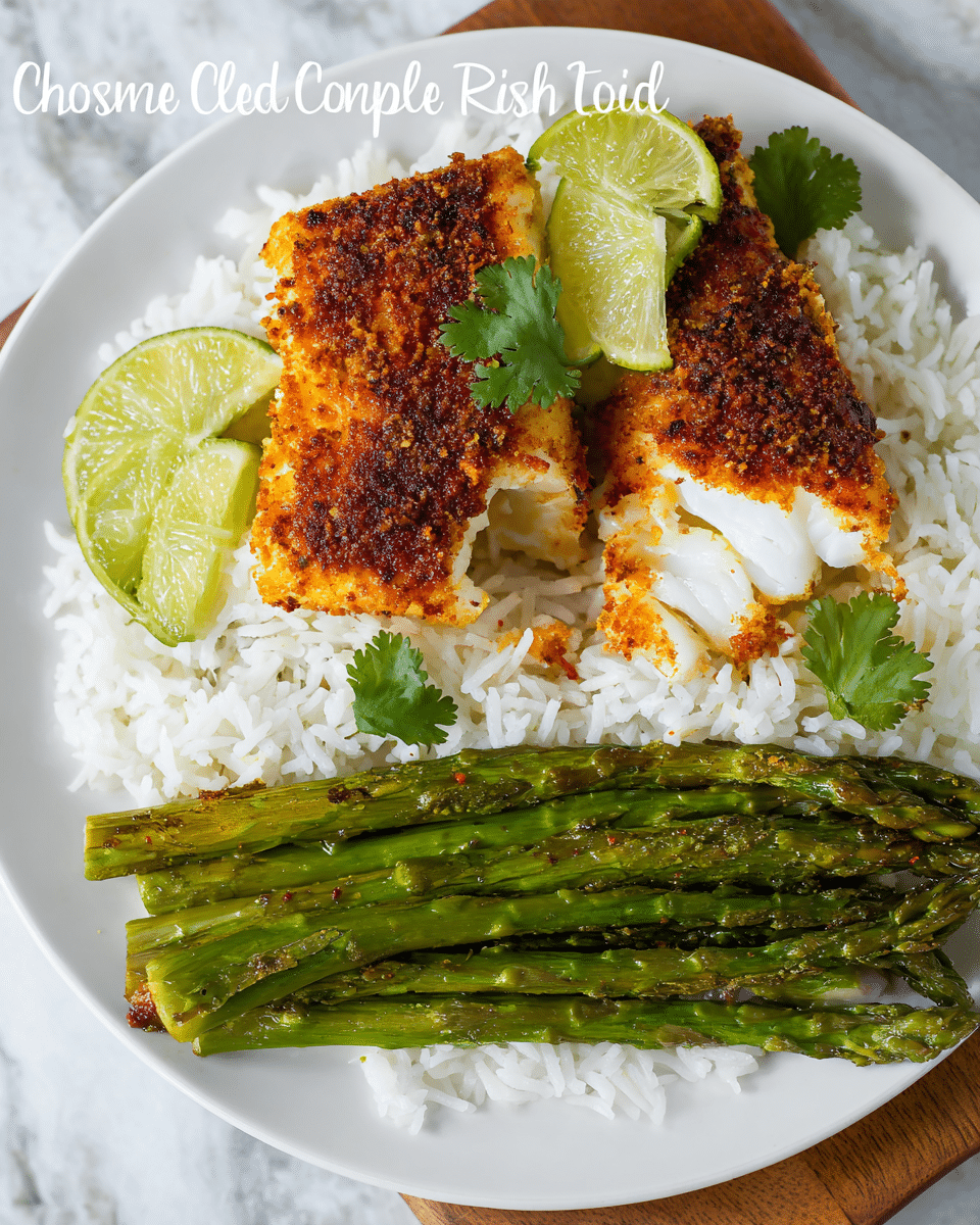 The image shows a white plate with three layers: the bottom layer is fluffy white rice with individual grains visible, the middle layer has a few bright green roasted asparagus spears neatly placed in the middle, and the top layer consists of two seasoned, golden-brown cod fillets with a chili-lime spice crust, one fillet slightly broken to reveal its white flaky inside. A thin slice of fresh lime with a small sprig of green cilantro is on top of the fish, adding a fresh pop of color. The background is white marbled texture. photo taken with an iphone --ar 4:5 --v 7