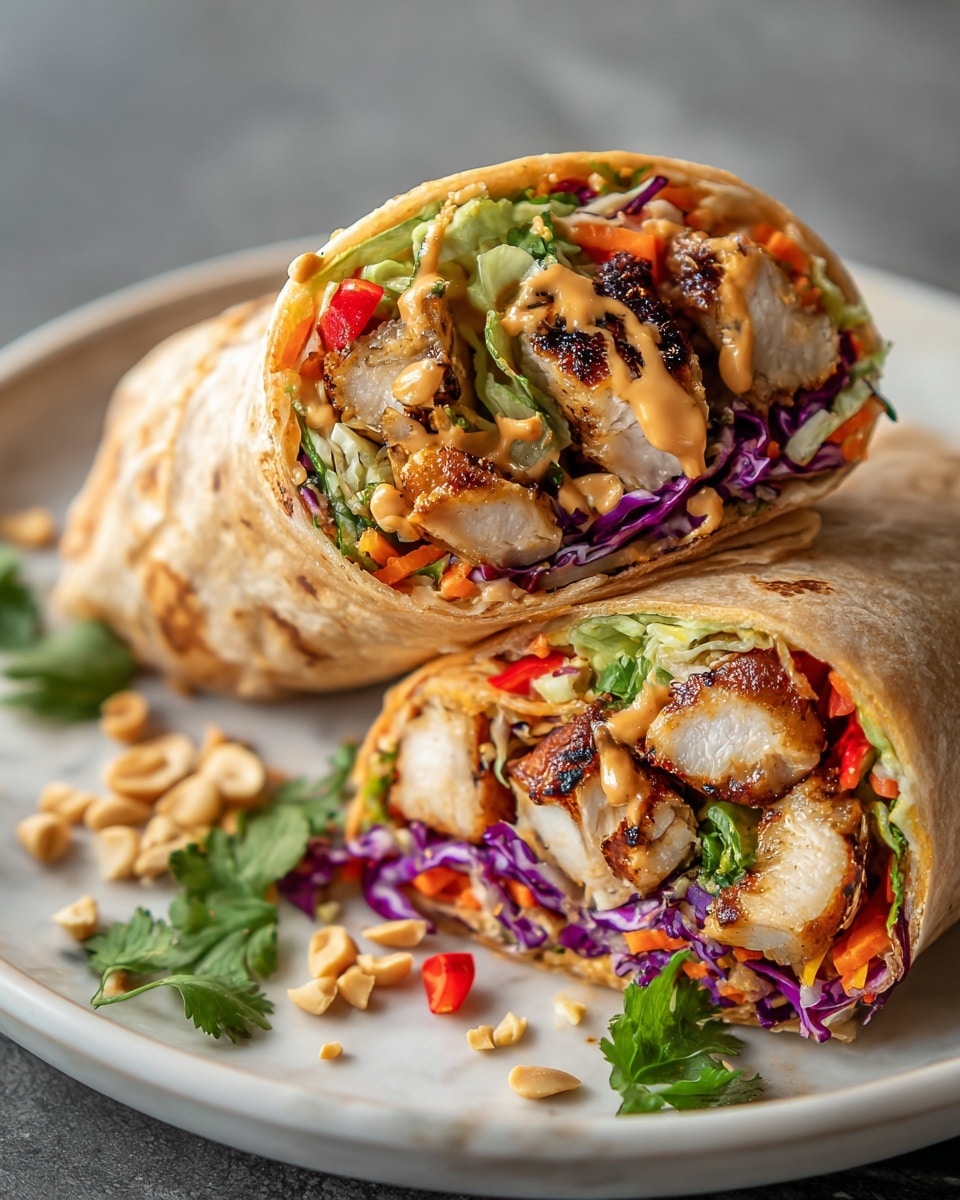 The image shows two halves of a wrap placed on a white plate with a white marbled texture underneath. Each wrap is made of a light brown tortilla and filled with three visible layers: the innermost layer has grilled chicken pieces with a golden-brown char, the middle layer contains a creamy peanut or sauce that looks smooth and light brown, and the outer layer is a mix of colorful fresh vegetables including shredded purple cabbage, green lettuce, orange carrot, and red bell pepper strips. There are small chopped peanuts and green cilantro leaves sprinkled on and around the wraps for garnish. The textures range from soft tortilla to crunchy vegetables and tender chicken, making the wrap look fresh and appetizing. photo taken with an iphone --ar 4:5 --v 7