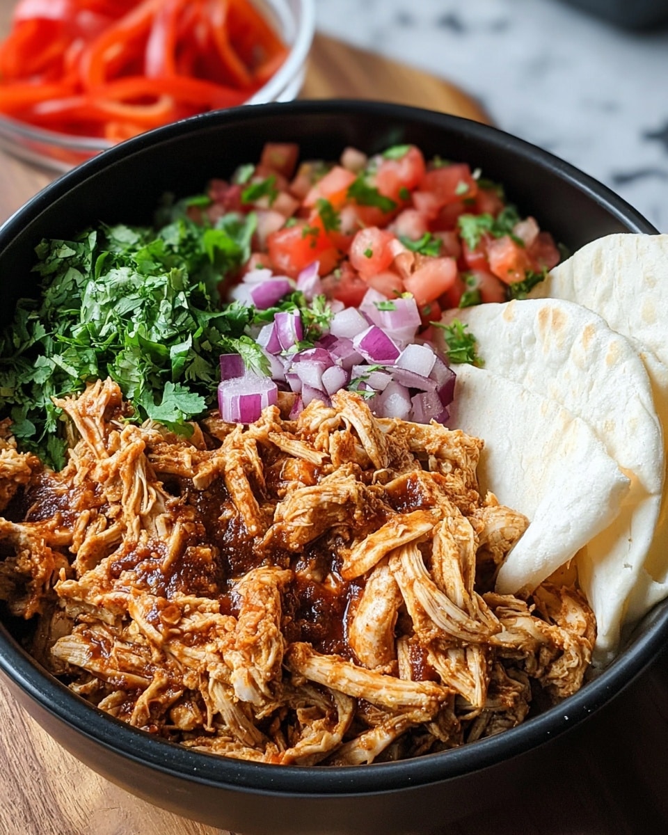 A black bowl filled with three main layers: the bottom layer is shredded cooked chicken in a reddish-brown sauce with visible texture and moisture, the middle layer is a fresh mix of diced red onions, tomatoes, and green cilantro scattered on top of the chicken, and the top layer features two pieces of folded white flatbread placed on one side. The bowl is placed on a wooden table with a blurred background showing small bowls of fresh vegetables. Photo taken with an iphone --ar 4:5 --v 7