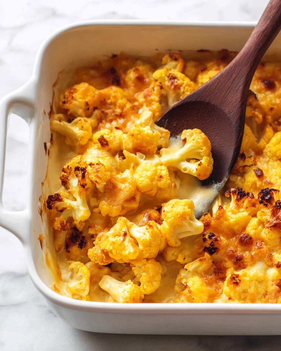 The image shows a white baking dish filled with a golden-brown cauliflower cheese casserole. The dish has one main layer of cauliflower florets coated in creamy melted cheese sauce, with some parts slightly browned and crispy on top. A dark wooden spoon is scooping up part of the cheesy cauliflower, revealing a smooth, thick sauce beneath. The edges of the casserole are browned and slightly crispy, giving a textured contrast to the creamy center. The dish sits on a white marbled surface. Photo taken with an iphone --ar 4:5 --v 7