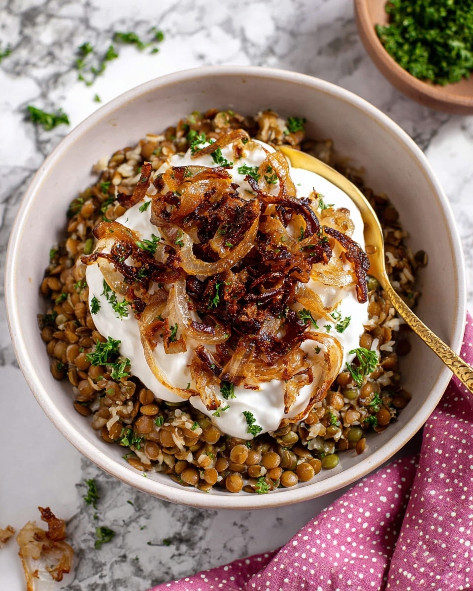 A white bowl sits on a white marbled surface, filled with three main layers of food. The bottom layer is a mix of cooked lentils and rice, brown and grainy with a soft texture. On top of that, there is a thick dollop of smooth white creamy sauce covering the center. The top layer has golden-brown caramelized onions with a shiny, slightly sticky look, scattered over the sauce. Small green parsley pieces are sprinkled around the dish adding fresh color. A gold spoon with a decorative handle rests inside the bowl, its edge near the onions. In the background, blurred purple onions and a wooden bowl of green herbs are visible. A pink cloth with white dots lies near the bowl at the bottom edge of the image. photo taken with an iphone --ar 4:5 --v 7