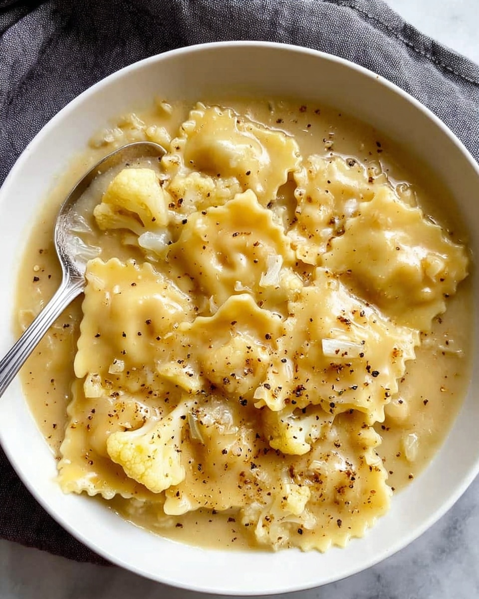 A white bowl filled with a thick, creamy soup that has a light golden color. The soup contains small pasta shapes, mainly bow-tie and small round forms with ruffled edges, which are scattered throughout. Pieces of cauliflower are mixed into the soup, slightly soft and coated in the creamy broth. The surface has small sprinkles of black pepper, adding texture and contrast. A silver spoon is partially dipped into the bowl from the left side, resting on the edge. The bowl is placed on a white marbled surface with a soft gray cloth nearby. photo taken with an iphone --ar 4:5 --v 7