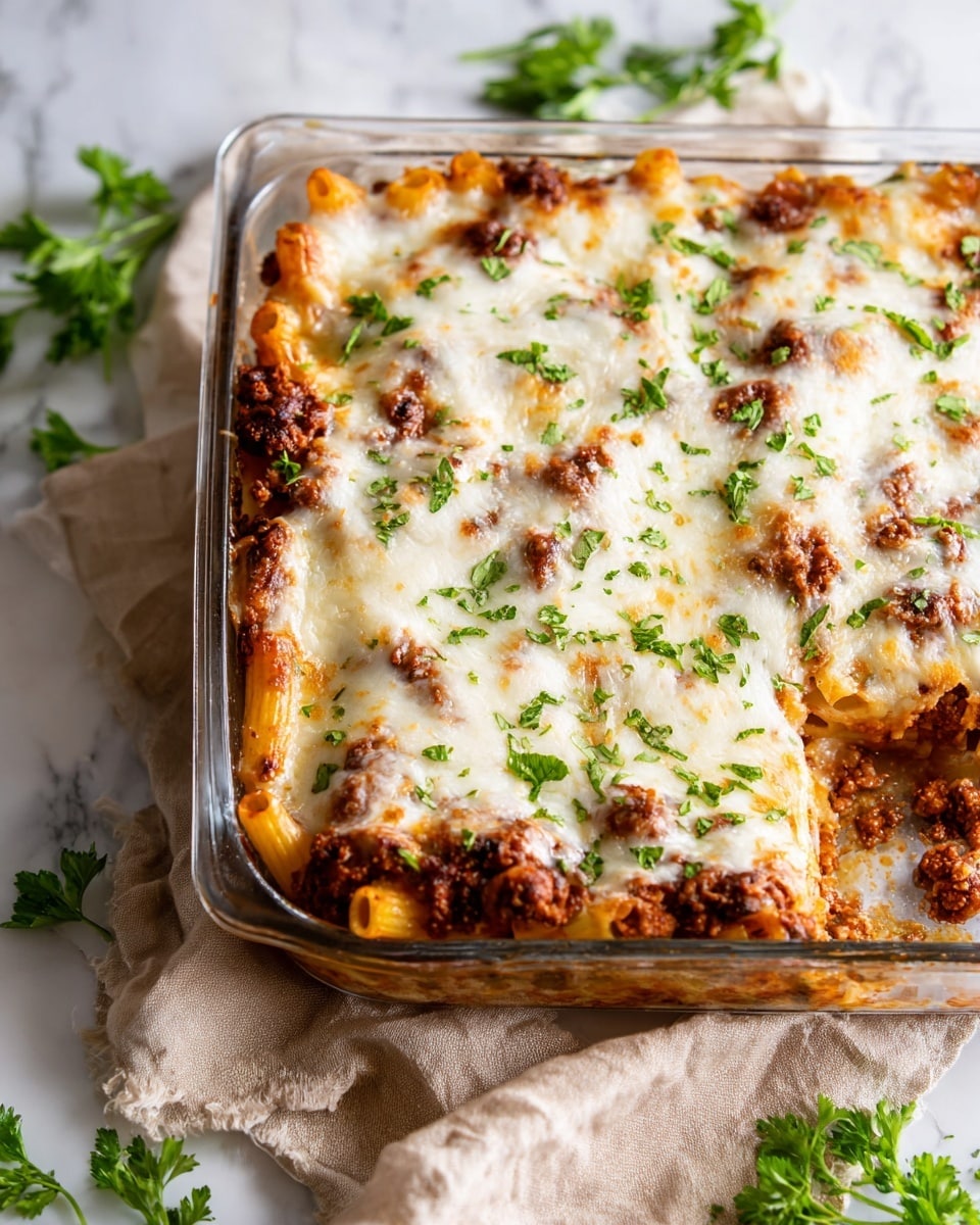 A clear glass baking dish filled with baked pasta, showing a thick layer of melted mozzarella cheese on top that is golden-brown in some spots, with scattered bright green chopped parsley for garnish. Beneath the cheese, visible pieces of rigatoni pasta with a reddish-brown meat sauce spread throughout, creating a textured and hearty look. The dish is placed on a white marbled surface next to a soft beige cloth and fresh parsley sprigs, giving a fresh and homey feel. Photo taken with an iphone --ar 4:5 --v 7