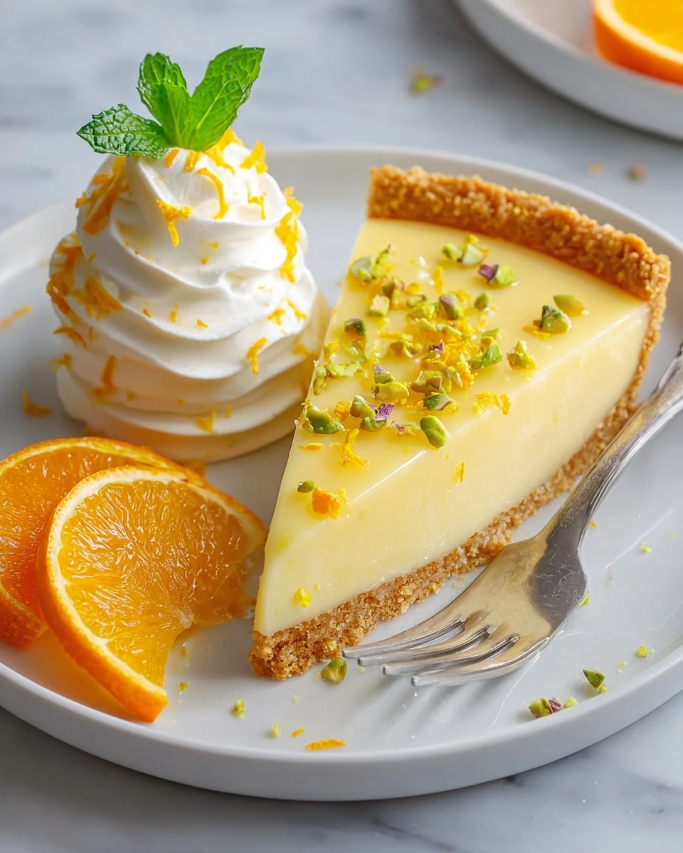 A slice of lemon tart is placed on a white plate with a white marbled texture background. The tart has three visible layers: a crumbly golden-brown crust at the bottom, a thick pale yellow lemon filling in the middle, and a smooth glossy lemon glaze on top. The tart is sprinkled with small bright orange zest pieces and green pistachio bits. Beside the tart, there is a swirl of white whipped cream topped with a green mint leaf and some orange zest. Two bright orange mandarin slices rest near the whipped cream. A silver fork is placed on the plate near the tart. Photo taken with an iphone --ar 4:5 --v 7