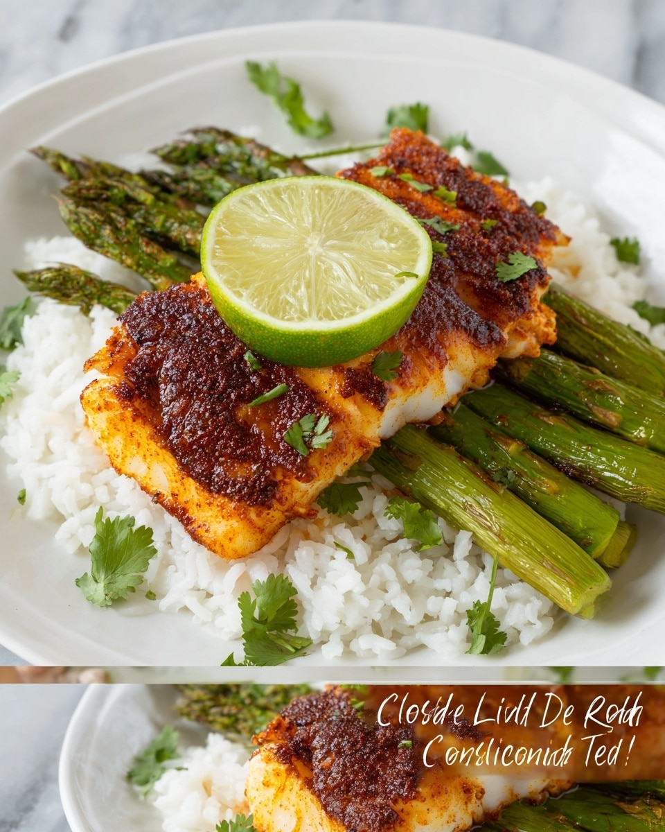 The dish is served on a white round plate placed on a white marbled surface. At the base, there is a layer of fluffy white rice spread evenly across the plate. On top of the rice, a small bunch of bright green roasted asparagus spears are placed in the center. Two thick fillets of cod, coated with a dark reddish-brown chili-lime seasoning, rest on the asparagus, showing a slightly crispy texture. A thin slice of fresh lime with a vibrant green outline and pale green inside sits on top of the fish, garnished with a few small green cilantro leaves scattered around. The photo was taken with an iphone --ar 4:5 --v 7