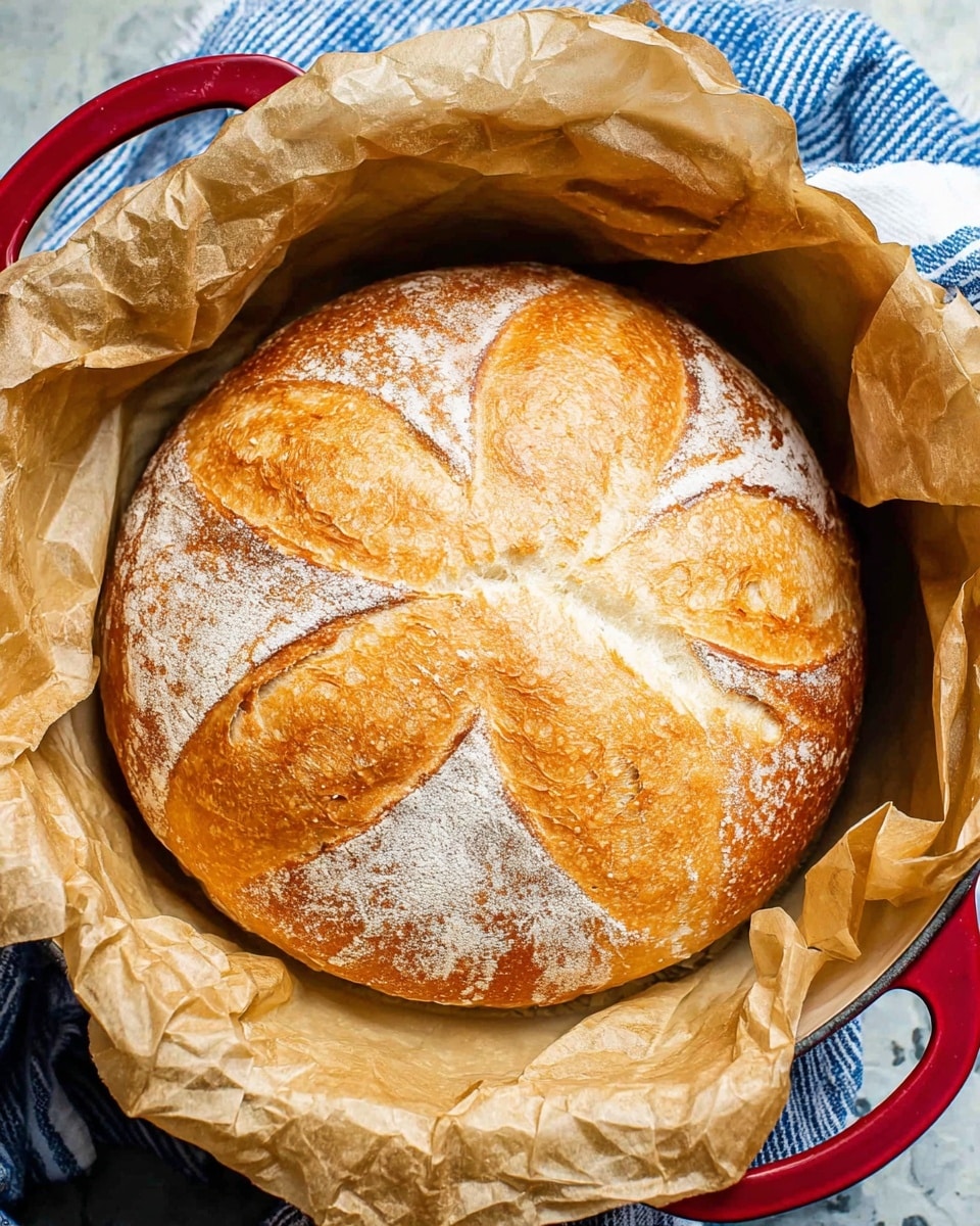 A round loaf of bread with a golden brown crust sits inside a red pot lined with crinkled parchment paper, the bread top has a pattern of five cut marks resembling petals or leaves. The crust has a light dusting of flour, giving a slightly textured look, and the bread appears soft inside with a smooth, slightly shiny surface. The pot rests on a white marbled texture with a blue and white striped cloth peeking from the bottom right. photo taken with an iphone --ar 4:5 --v 7