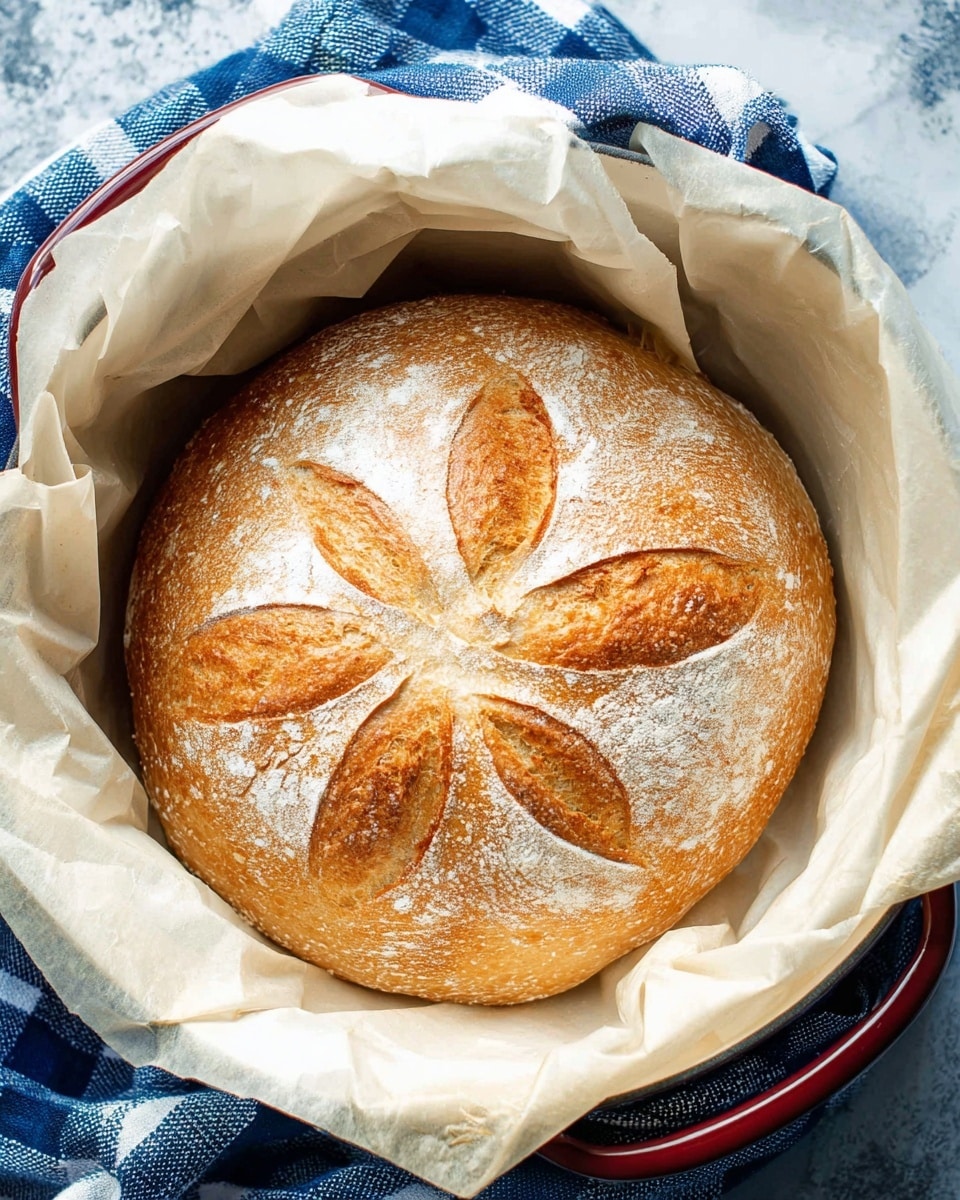 A round loaf of bread with a golden brown crust is placed inside a white lined with parchment paper, which is inside a white pot. The bread has a decorative pattern on top made of five petal-shaped cuts, showing a slightly darker baked color. The surface of the bread is dusted lightly with flour, giving a rustic look. The background features a white marbled texture with a blue and white checkered cloth partially visible beneath the pot. Photo taken with an iphone --ar 4:5 --v 7