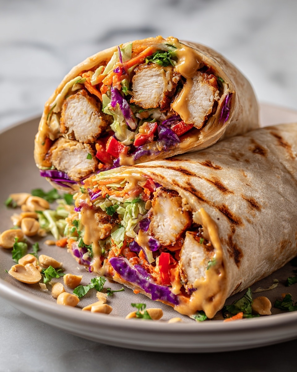 A wrap cut in half to show its colorful layers is placed on a white plate. The outer wrap is light brown with slight grill marks. Inside, there are thick pieces of grilled chicken with a golden-brown color, surrounded by a creamy, light brown sauce. Around the chicken and sauce, there is a mix of vegetables including thin, bright orange carrot strips, shredded green and purple cabbage, and slices of red bell pepper. Chopped fresh green herbs and small pieces of peanuts are sprinkled on and around the wrap, adding texture and color. The plate sits on a white marbled surface. Photo taken with an iphone --ar 4:5 --v 7