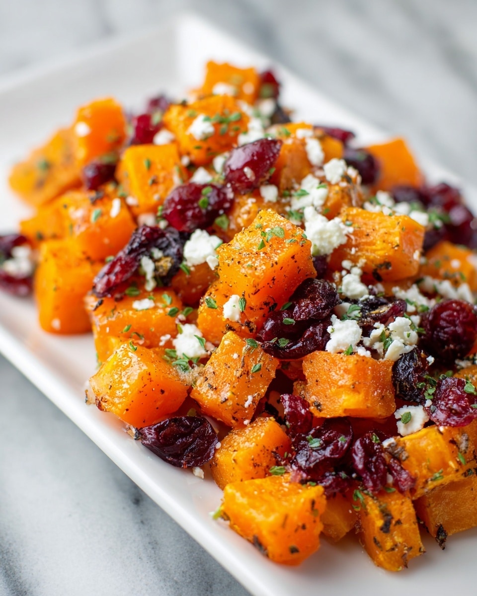 The image shows a close-up of a dish on a white rectangular plate with a handle on one side, placed on a white marbled surface. The dish consists of three main layers mixed together: bright orange roasted cubes of butternut squash with a slightly crispy texture and subtle seasoning, deep red dried cranberries that add a juicy and chewy contrast, and small crumbles of white feta cheese sprinkled evenly on top. Fresh small green herb pieces are scattered throughout, adding color and freshness. The layers are mixed but still distinguished by their bright and varied colors, creating a visually appealing and vibrant dish. Photo taken with an iphone --ar 4:5 --v 7