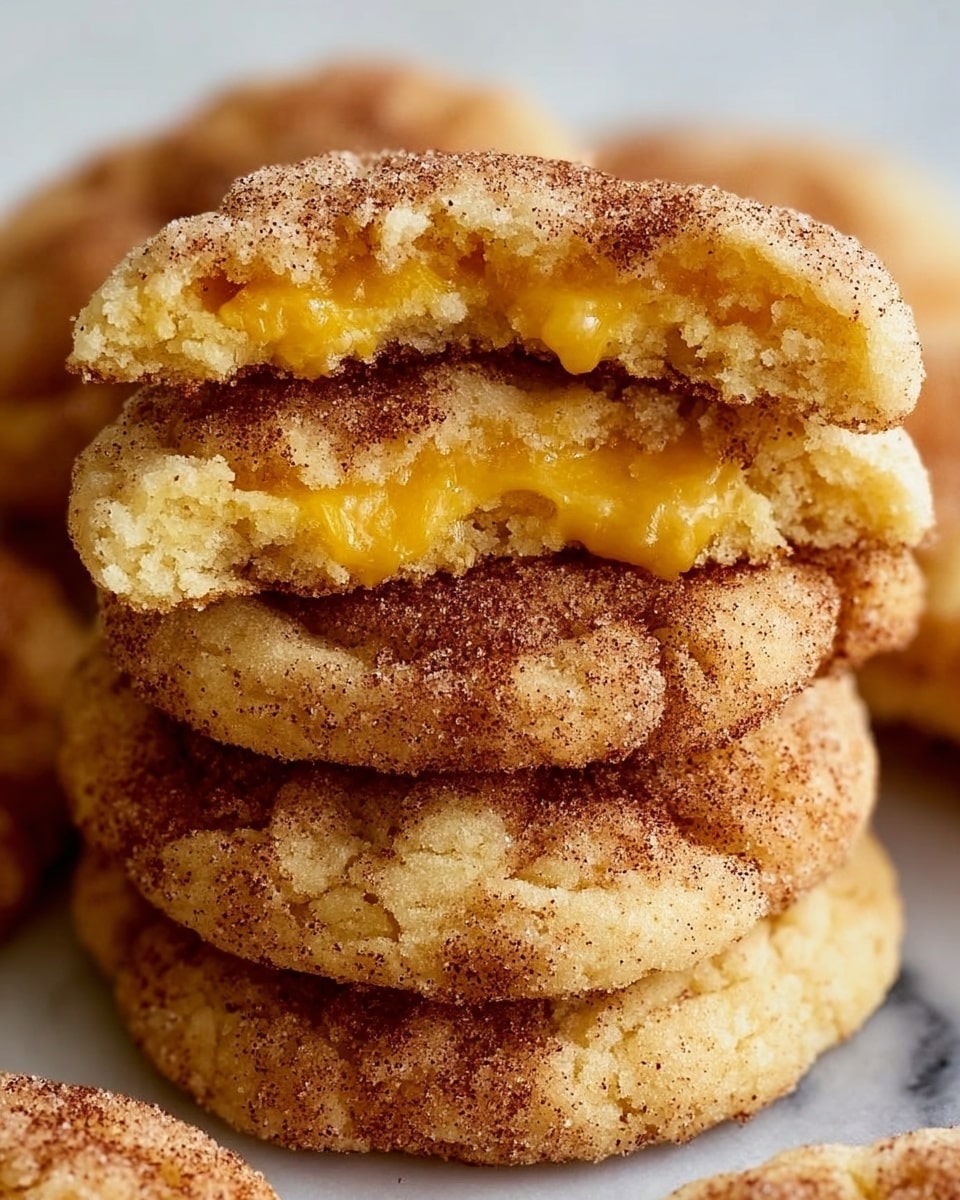 A stack of soft, round cookies is shown up close, with the top two broken in half to reveal a gooey, bright yellow filling inside. Each cookie has a light golden color with a slightly rough texture and is covered with a generous sprinkle of fine cinnamon sugar that gives a speckled brown pattern on the surface. The layers show the soft dough exterior hugging the warm, smooth filling in the center, while the whole stack rests against a white marbled texture. photo taken with an iphone --ar 4:5 --v 7