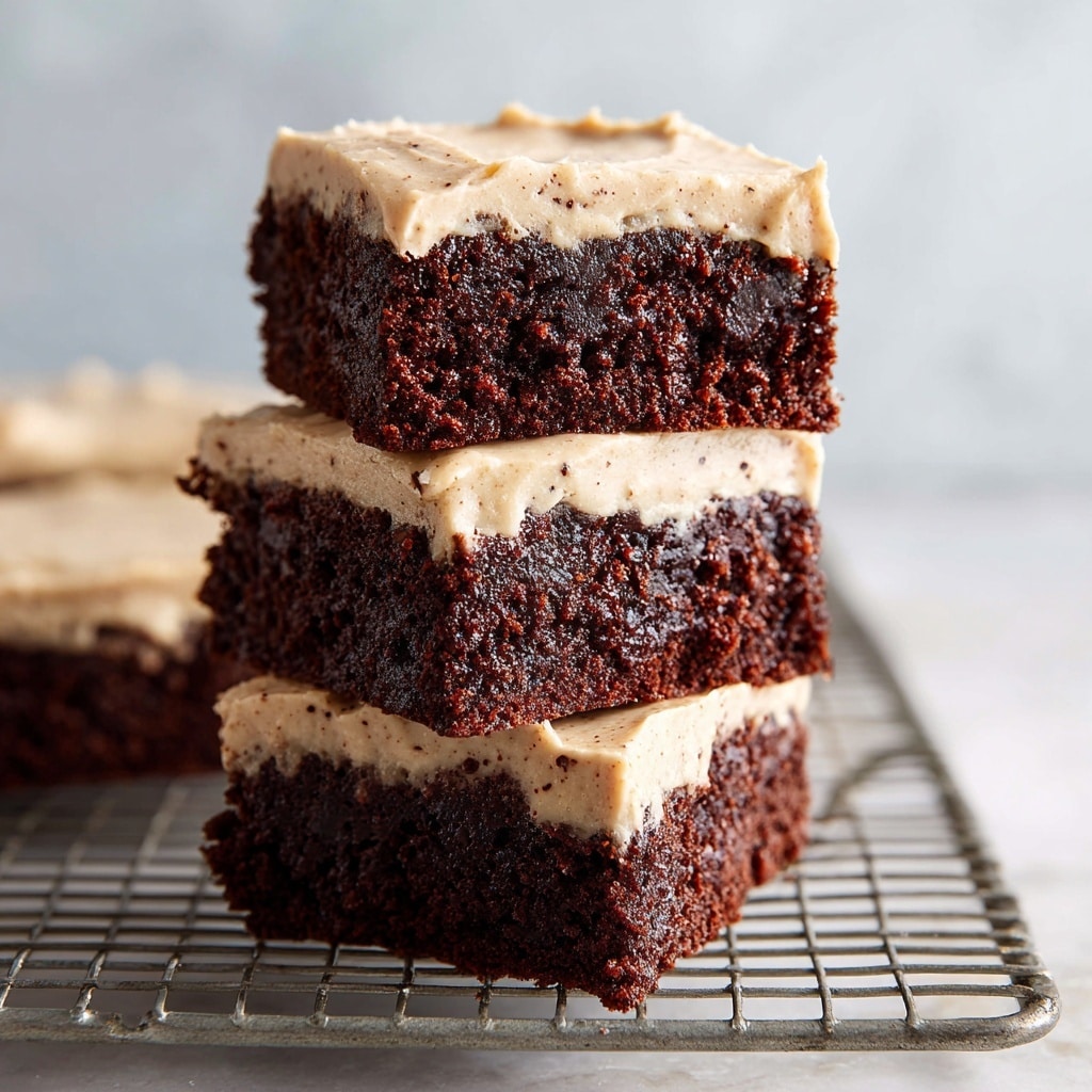 A stack of three square pieces of dark chocolate cake with a thick layer of light tan frosting on top of each piece, showing a soft and moist texture in the cake and a creamy, slightly grainy texture in the frosting. The bottom two pieces are lying flat, while the top piece is slightly tilted, showing its rich chocolate inside and smooth frosting above. The cake stack is placed on a wire cooling rack over a white marbled surface. In the background, there is a black can with gold and white details, slightly blurred. photo taken with an iphone --ar 4:5 --v 7