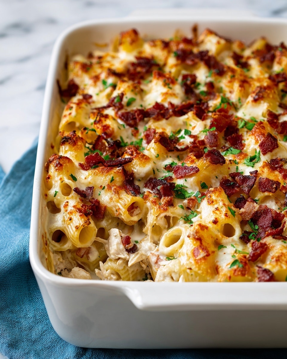 A close-up of a baked pasta dish in a white rectangular baking dish, showing large twists of pasta coated in a creamy white sauce with melted golden cheese on top, scattered pieces of crispy reddish-brown bacon, and small green parsley leaves sprinkled evenly across the surface. The pasta looks soft and saucy, with some browned cheese bubbles, all sitting on a white marbled textured surface with a blue cloth nearby. photo taken with an iphone --ar 4:5 --v 7