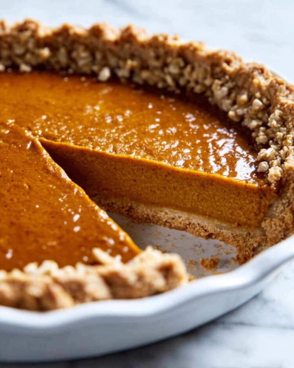 A close-up photo of a pumpkin pie in a white ceramic pie dish, with a slice missing. The pie has a thick crust around the edge that is light brown and flaky. The filling inside is smooth and orange-brown with a glossy surface, showing a slightly rough texture near the cut edge. The white marbled surface underneath has some scattered crumbs. Photo taken with an iphone --ar 4:5 --v 7