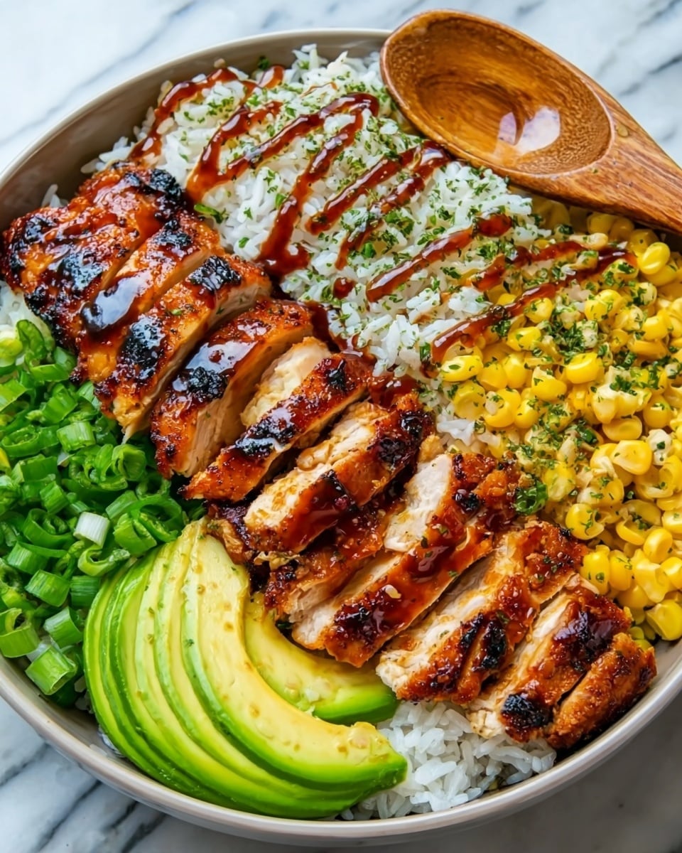 A white bowl holds a colorful meal with five main layers. At the bottom right, there is white rice topped with a red sauce drizzle and small green herbs. Next to the rice, moving clockwise, large slices of grilled chicken with a golden-brown, slightly shiny surface are placed in a row. Above the chicken, thin slices of bright green avocado are arranged neatly. To the left of the avocado, yellow corn kernels fill part of the bowl, and a wooden spoon with a smooth, creamy light brown sauce rests on top of the corn. Finally, chopped green onions fill the last section of the bowl. The background shows a white marbled surface. Photo taken with an iphone --ar 4:5 --v 7