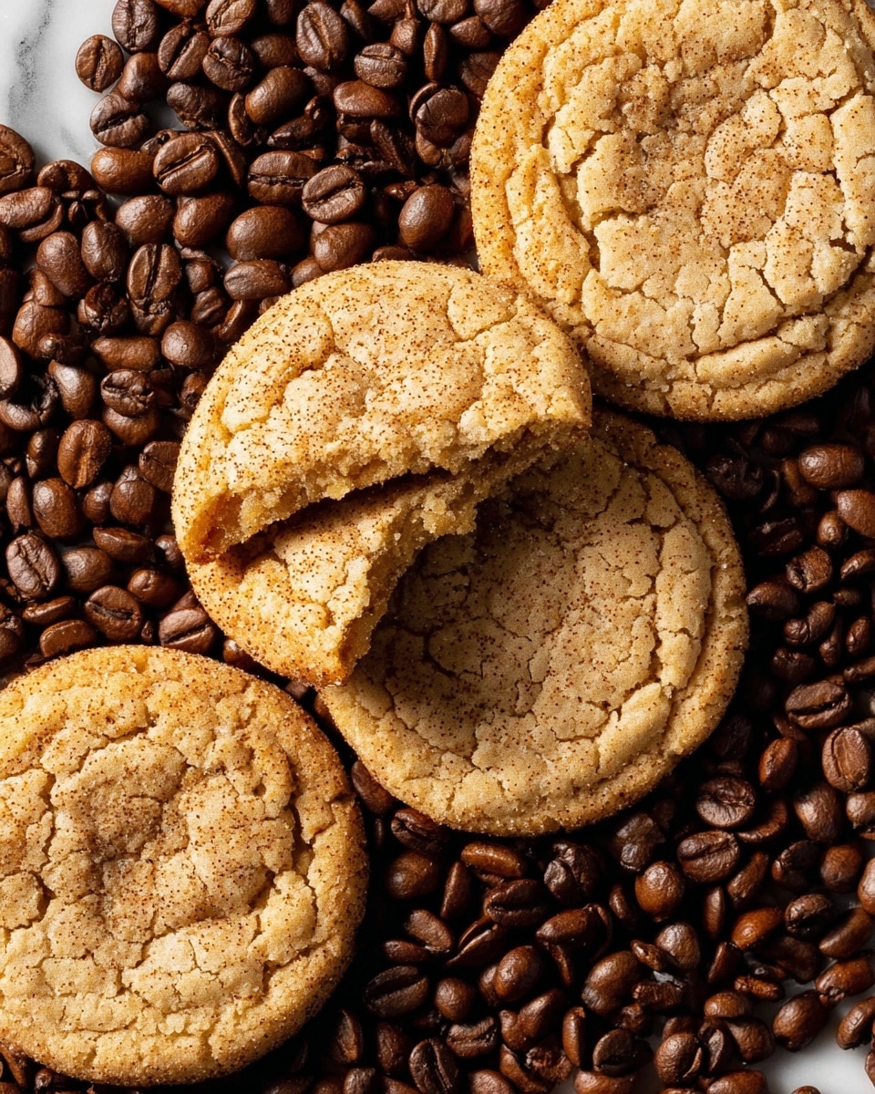 A close-up image of several golden brown cookies with a slightly cracked, soft texture stacked loosely on a white metal tray. The tray is filled with dark brown coffee beans, creating a rich textured background that contrasts with the warm tones of the cookies. The cookies are round and thick, with a slightly uneven surface and edges that are gently browned. The scene is set on a white marbled texture beneath the tray, giving a clean and bright look. Photo taken with an iphone --ar 4:5 --v 7