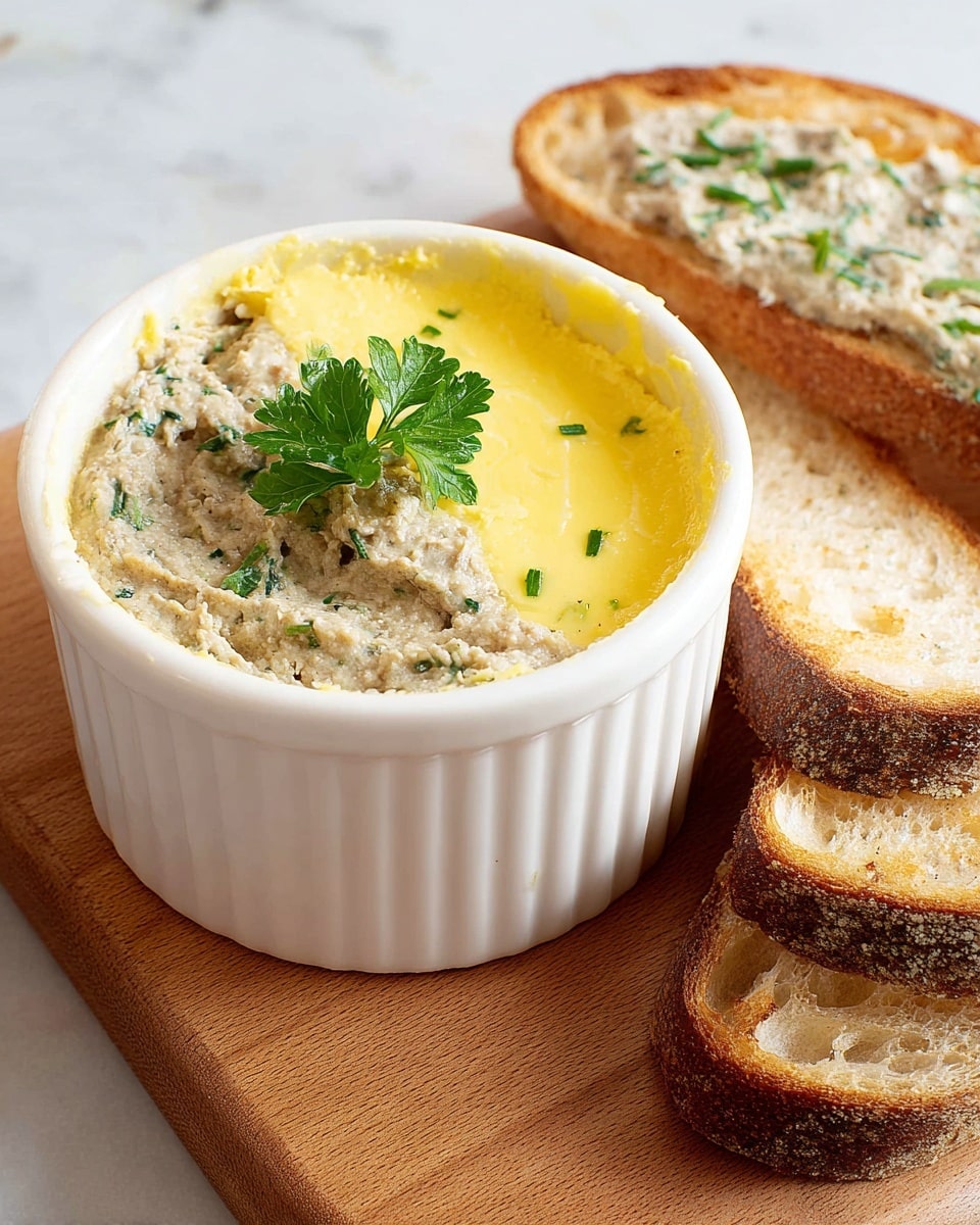The image shows a small white textured ramekin filled with two layers of pâté on a wooden board. The bottom layer is a thick, grayish-brown pâté with small green herb bits mixed in, covering most of the ramekin. The top layer is a smooth, yellow fat or jelly covering about one-quarter of the pâté layer, with a fresh green parsley leaf garnish on top of the yellow layer. In the background, two slices of rustic brown bread, spread with the gray pâté, sit on the wooden board. The surface beneath the board is a white marbled texture. photo taken with an iphone --ar 4:5 --v 7