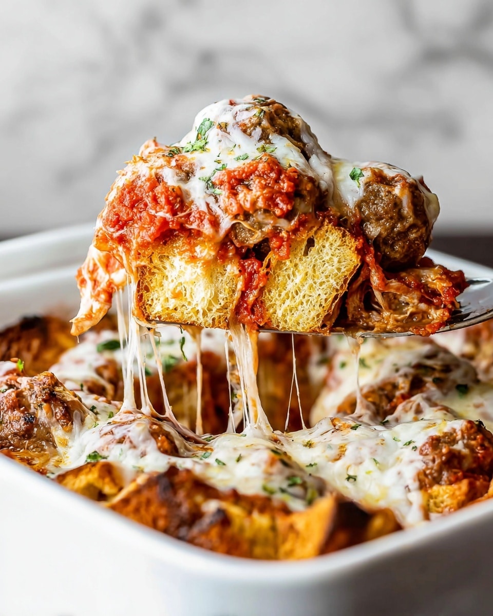 A close-up of a serving scoop lifting a layered baked dish from a white casserole dish, showing three main layers: golden toasted bread cubes at the bottom with a crispy texture, topped with bright red chunky tomato sauce mixed with melted, stretchy white cheese that stringily connects to the dish below, and finished with browned meatballs that have melted cheese and small green herb pieces on them. The white casserole dish sits on a white marbled surface. Photo taken with an iphone --ar 4:5 --v 7