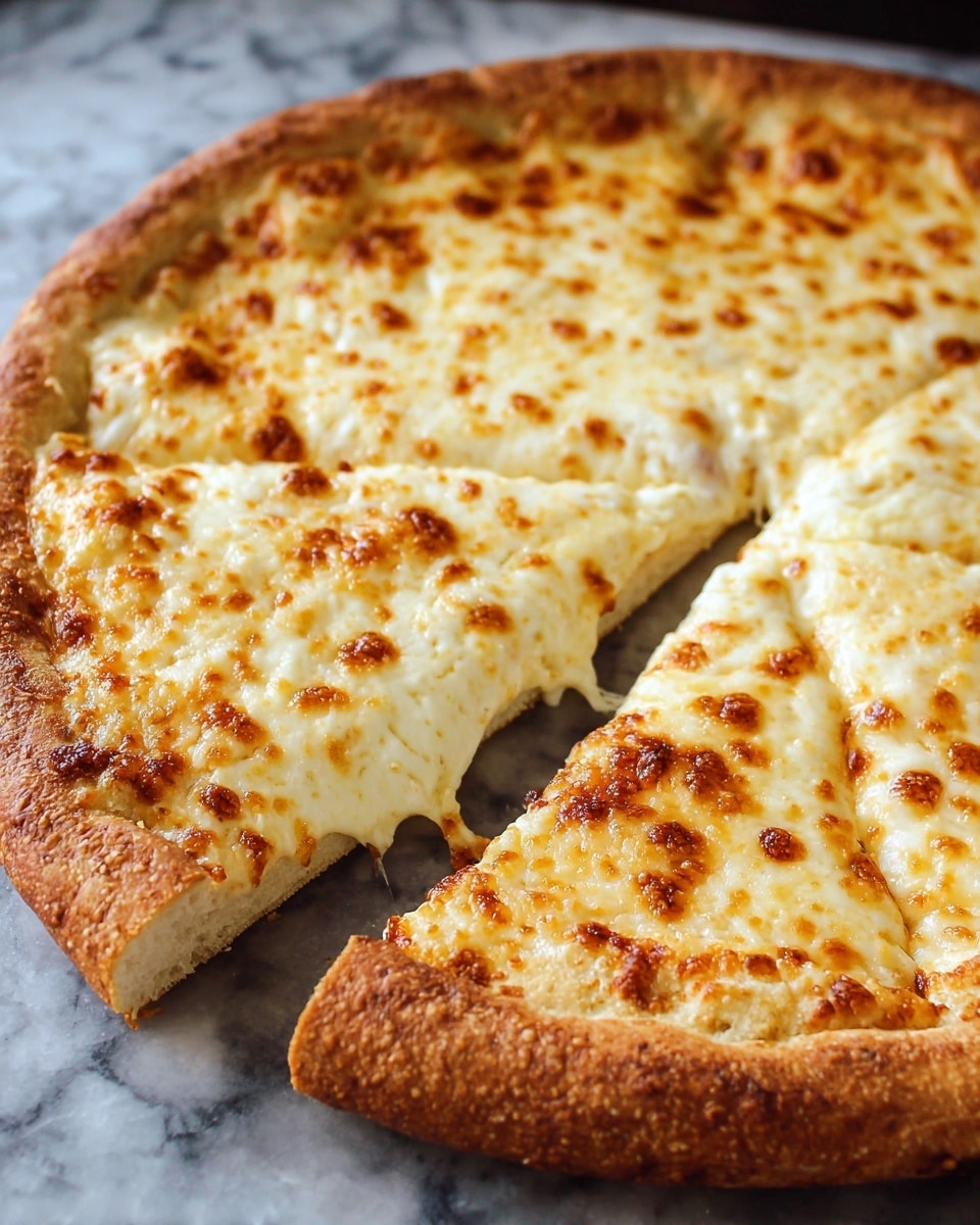 A round cheese pizza with a thick, golden-brown crust surrounds a single layer of melted, bubbly white cheese that has small brown spots from baking, covering the entire center. One slice is slightly pulled out, showing stretchy, melted cheese strands stretching between the slice and the main pizza. The pizza is directly placed on a dark surface with a rough texture that contrasts with the golden crust and creamy cheese. photo taken with an iphone --ar 4:5 --v 7