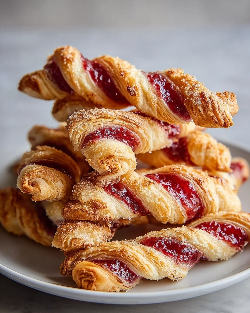 The image shows several twisted pastry sticks arranged on a white plate with a white marbled texture surface. Each pastry has multiple layers of golden brown flaky dough with a rough texture and is twisted to create a spiral shape. Between the layers, there is a bright red jam filling that looks glossy and sticky, with some granulated sugar sprinkled on top. The pastries have browned edges with a crispy look and a soft, airy inside visible along the twists. Photo taken with an iphone --ar 4:5 --v 7