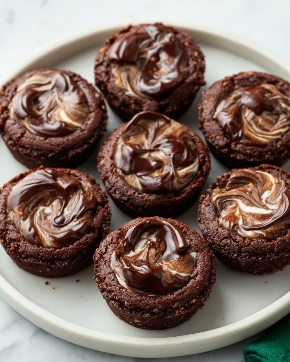 A white plate holds eight round, dark brown chocolate cookies with a thick, glossy swirl of chocolate frosting on top of each. The frosting is smooth with light reflections showing its creamy texture, and it sits in the center of each cookie, slightly raised with soft peaks. The cookies have a slightly rough surface with small cracks and a dense look. The whole scene is on a white marbled surface. Photo taken with an iphone --ar 4:5 --v 7