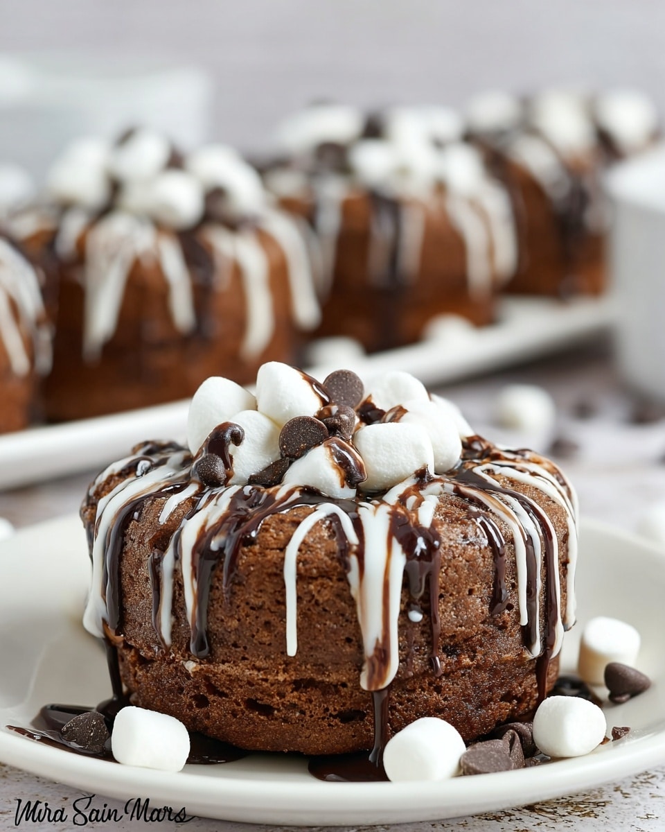 A small round chocolate cake sits on a white plate over a white marbled surface. The cake has a rich brown color and is topped with a drizzle of white and dark chocolate sauces that run down its sides in smooth lines. Scattered on top and around the base of the cake are mini white marshmallows and small dark chocolate chips, adding a soft and crunchy texture contrast. In the background, more cakes of the same kind are slightly blurred, suggesting a bakery or homemade setting. photo taken with an iphone --ar 4:5 --v 7