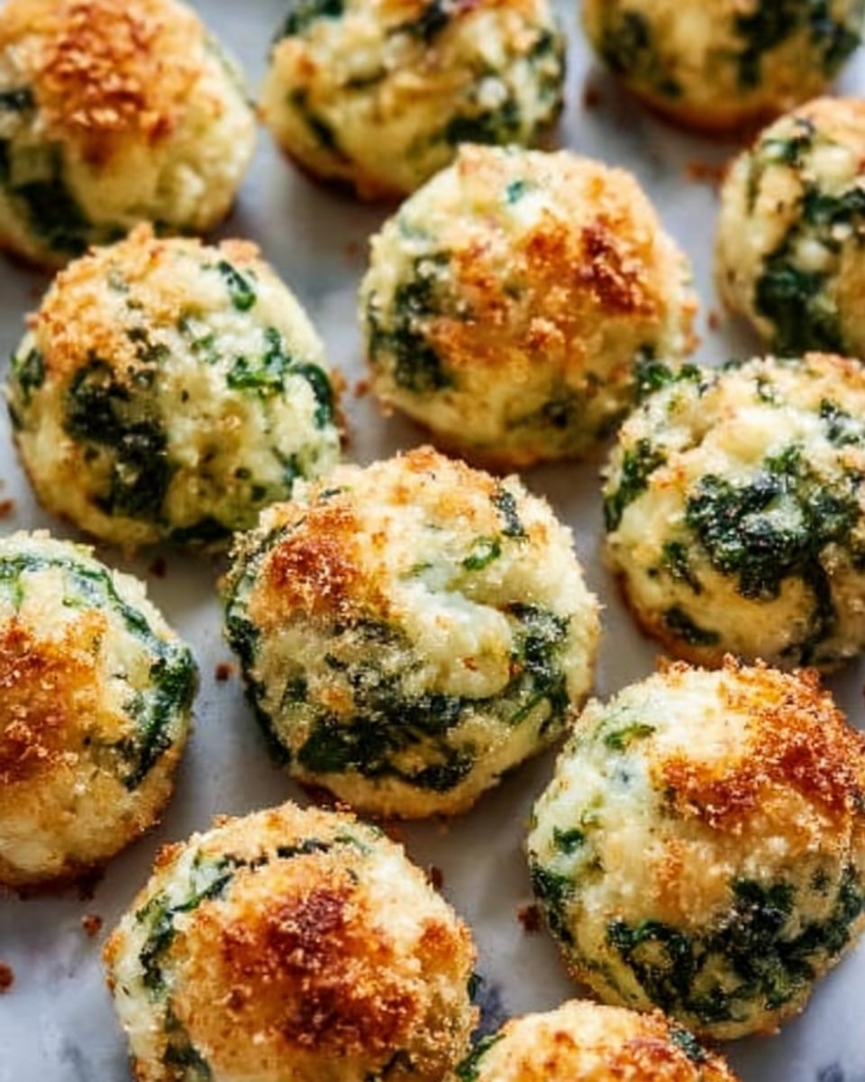 The image shows many small round balls on a white tray, each ball layered with a green and white mixture, coated with a golden-brown crumb crust on top. The balls look baked or fried, with a crispy outer layer and a soft, creamy inside that has green bits evenly spread throughout. The surface beneath the tray is a white marbled texture. The balls are placed close together, filling the frame. photo taken with an iphone --ar 4:5 --v 7