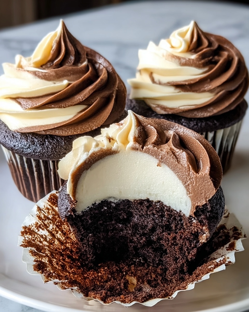 Three chocolate cupcakes sit on a white plate on a white marbled surface. Each cupcake has two layers: a dark brown, moist chocolate cake base topped with swirled frosting in white and chocolate brown colors. The frosting is thick and creamy, piped in a tall swirl with both colors twisted together on top. One cupcake in the front has a large bite taken out, showing the inner layers of rich chocolate cake and smooth white frosting inside, with a bit of the chocolate frosting mix on top. Photo taken with an iphone --ar 4:5 --v 7