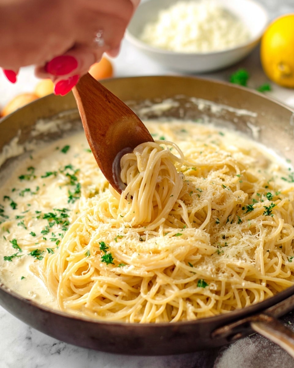 The image shows a close-up of a black speckled pan filled with creamy white sauce and yellow spaghetti noodles on top. The sauce is smooth and thick, spread evenly on the bottom and around the noodles, with small green parsley pieces sprinkled lightly on top. A woman’s hand with red nail polish holds a wooden spoon stirring the sauce and noodles. In the blurred background, there is a white bowl filled with white grated cheese on a red and white checkered cloth, and some slices of yellow lemon are also slightly visible. The whole scene is set on a white marbled surface. photo taken with an iphone --ar 4:5 --v 7