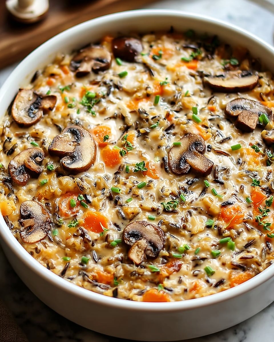A white round ceramic dish filled with a creamy, thick rice and vegetable casserole, showing a mix of light beige creamy sauce with black grains of wild rice, soft orange carrot slices, and sliced mushrooms. The top layer has a slightly browned texture with fresh chopped green herbs scattered on top. The dish rests on a light brown wooden surface with a soft white marbled background out of focus. photo taken with an iphone --ar 4:5 --v 7