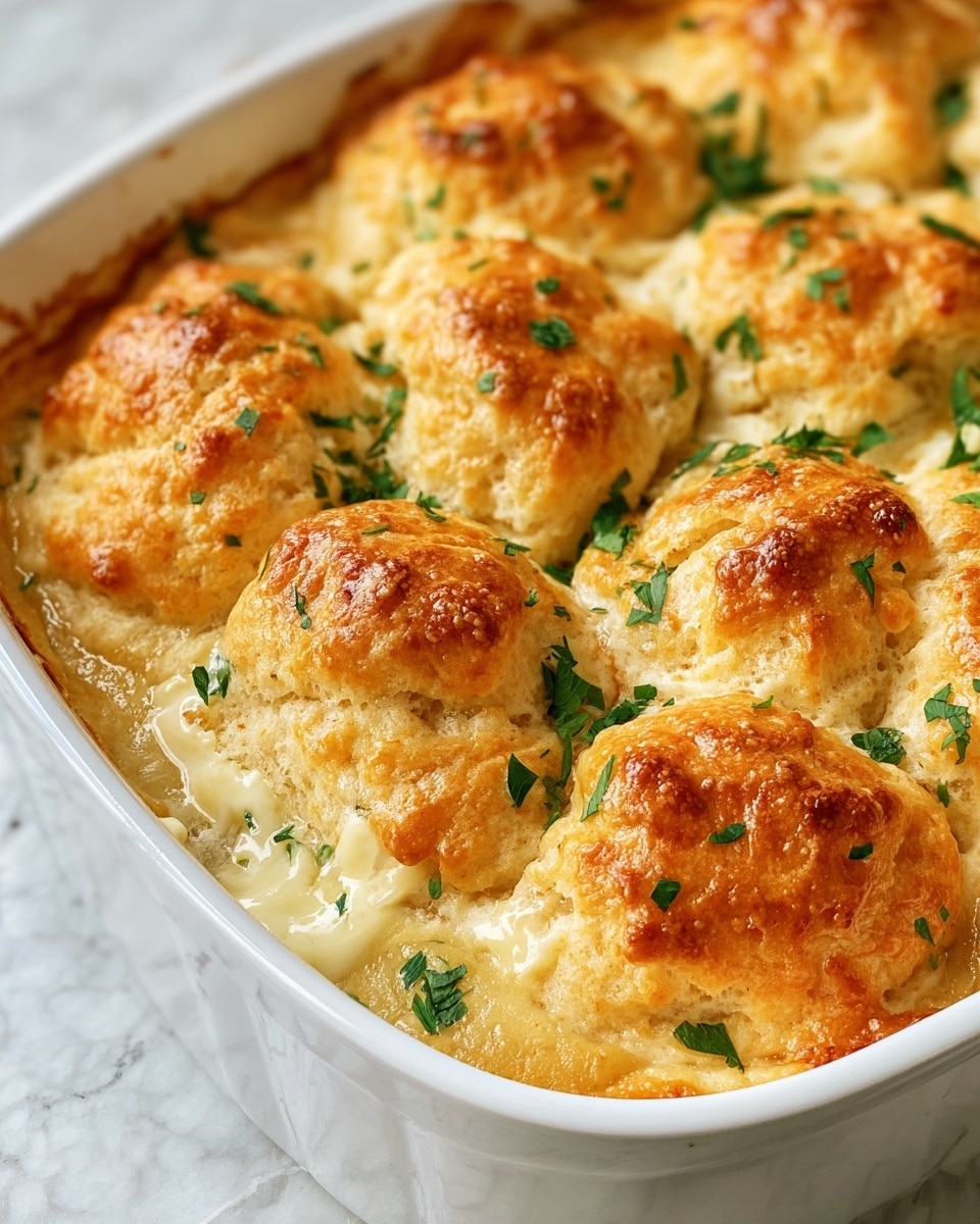 A white baking dish filled with a golden brown biscuit topping that is fluffy and slightly uneven in shape, each biscuit puffing up with a crispy, shiny surface. Underneath the biscuit layer, there is a creamy, light yellow sauce that looks rich and smooth. Fresh green herbs are sprinkled on top, adding bright spots of color to the warm tones of the dish. The dish sits on a white marbled textured surface. photo taken with an iphone --ar 4:5 --v 7