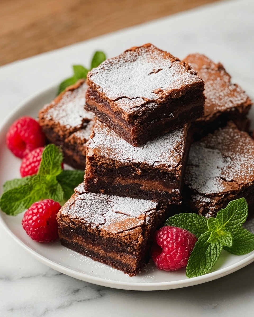 A white plate holds five square brownies, each about two layers thick with a fudgy dark brown base and a light, cracked top layer dusted with powdered sugar. The brownies are neatly stacked, with one piece resting on top of the others. Bright red raspberries and fresh green mint leaves are placed around the brownies, adding color contrast. The plate sits on a white marbled surface, enhancing the rich colors of the dessert. photo taken with an iphone --ar 4:5 --v 7