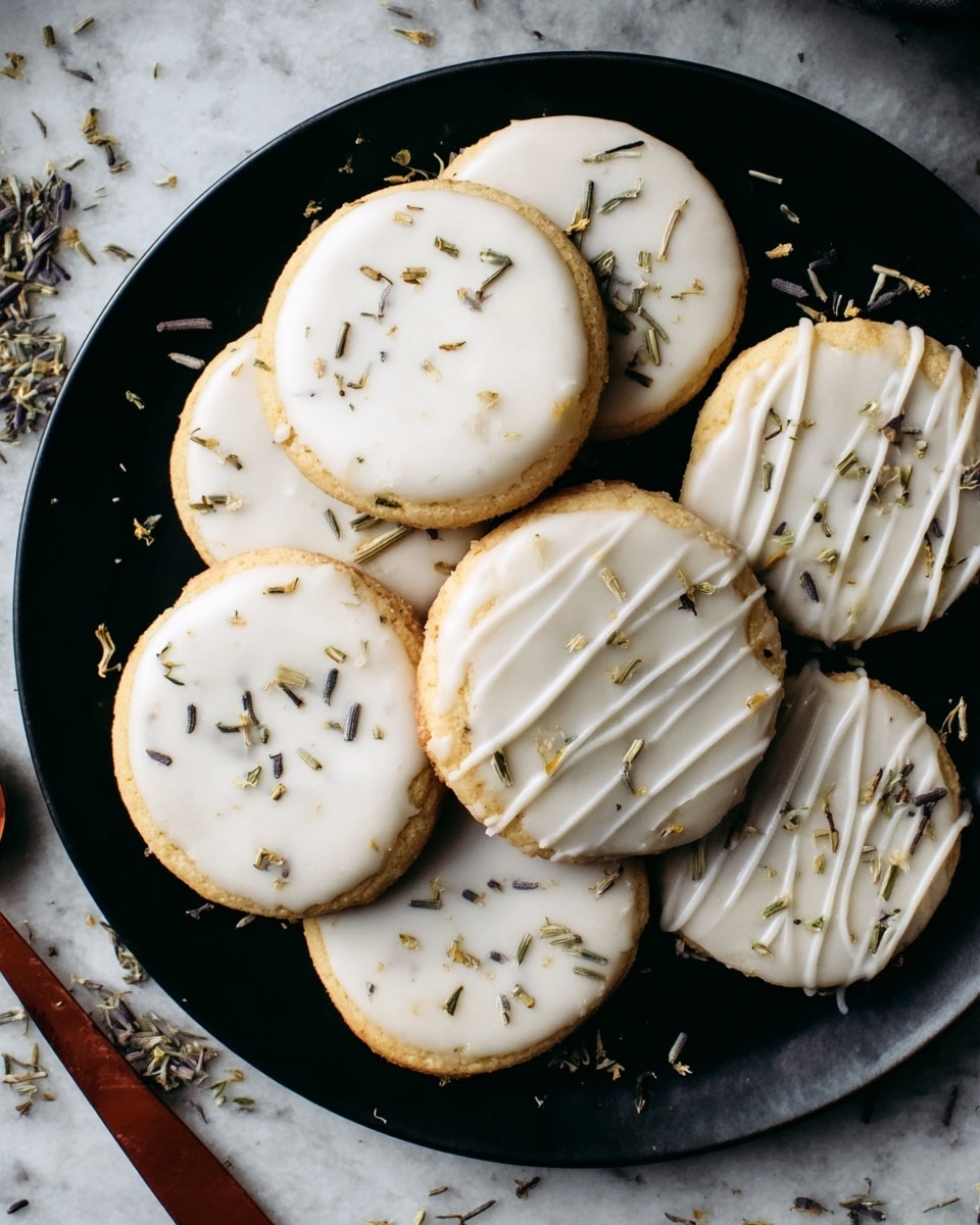 A black round plate holds eight round cookies with a light golden-brown base, each covered with a smooth white icing on top. Some cookies have thin dried lavender petals sprinkled over the icing, while two have white icing drizzled in a striped pattern. The plate rests on a rough gray surface with scattered lavender petals around it, and a reddish-brown measuring spoon lies next to the plate. The overall look is simple and rustic. photo taken with an iphone --ar 4:5 --v 7