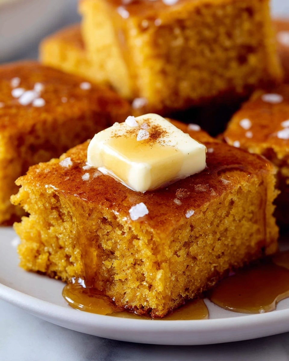 A close-up of a single square piece of moist, golden-brown cake with a soft, crumbly texture, sitting on a white plate with a white marbled surface beneath. The top layer is covered with a thick drizzle of amber-colored syrup that slowly runs down the sides. On top of the syrup sits a small, smooth square of pale yellow butter sprinkled lightly with a bit of spice and tiny white flakes, likely salt. In the blurred background, several other similar square cake pieces are visible, stacked closely together. photo taken with an iphone --ar 4:5 --v 7