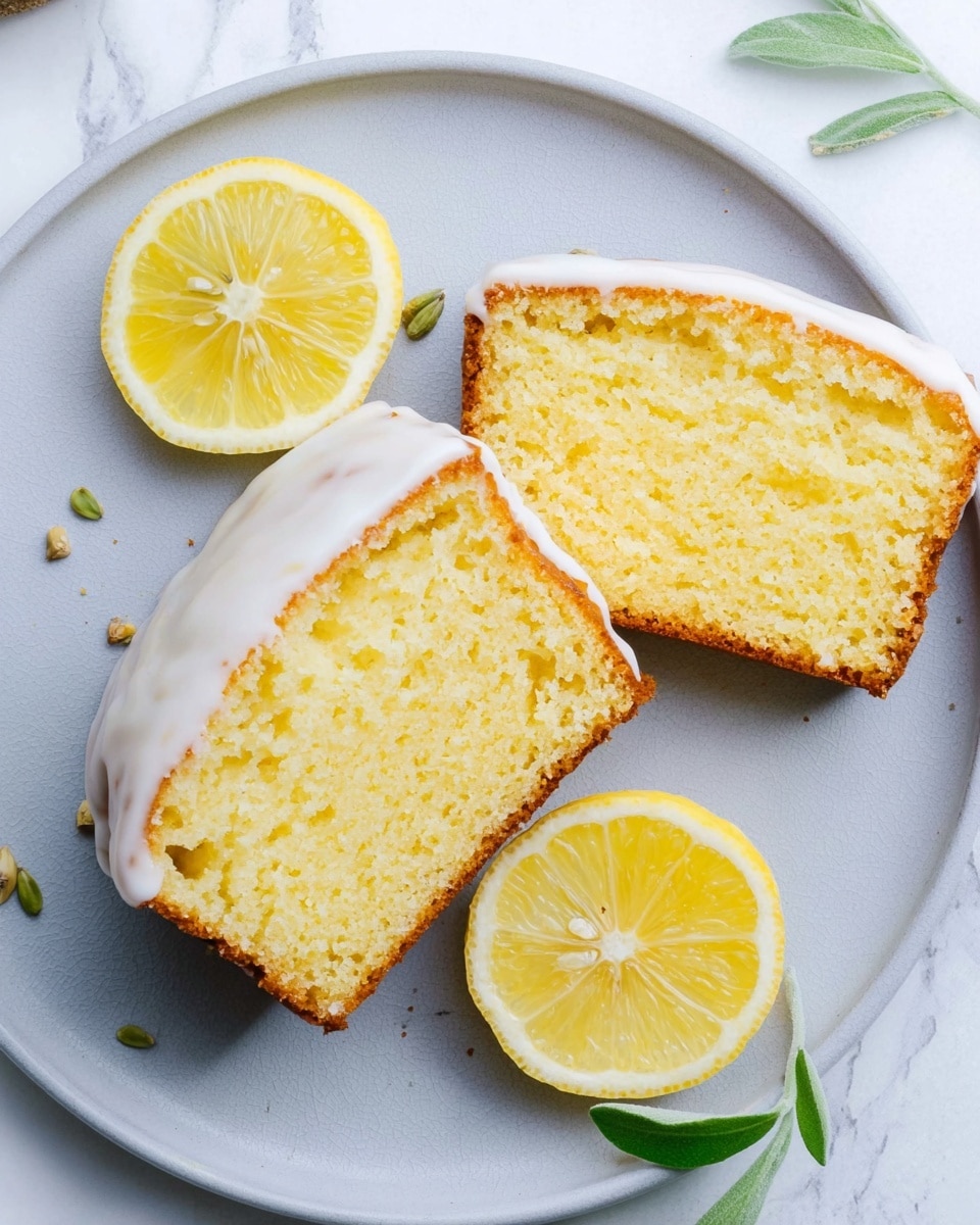 The image shows two thick slices of lemon cake with a light yellow crumb and a soft texture, each topped with a thin layer of white icing. The slices are placed side by side on a round white plate with a grey edge. To the left of the cake slices, two lemon halves with bright yellow flesh are placed. Small green sprigs and a few scattered lavender petals decorate the plate around the cake, all set on a white marbled surface. photo taken with an iphone --ar 4:5 --v 7