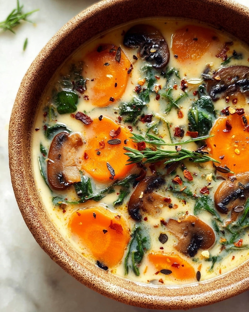 A bowl filled with creamy soup showing several layers and ingredients: bright orange carrot slices are scattered on the surface along with brown mushroom slices, dark wild rice grains, and green spinach leaves mixed into the creamy light beige broth. The soup is in a speckled, beige bowl that has a rough texture on the outside, set on a light-colored linen cloth over a white marbled surface. There are small sprinkles of black pepper and red pepper flakes on top, with a small green herb sprig placed in the center. photo taken with an iphone --ar 4:5 --v 7