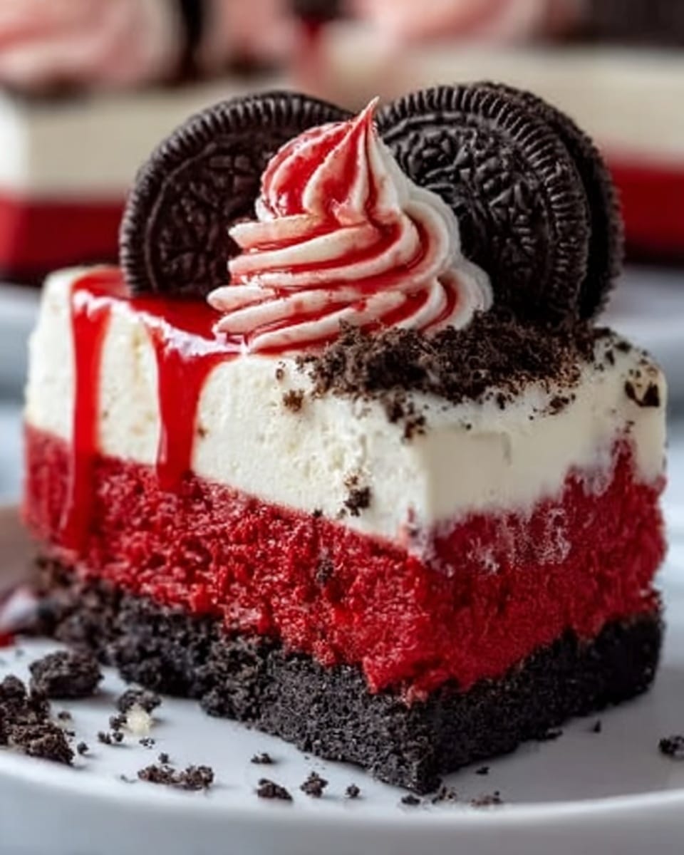 A close-up of a three-layer cake slice on a white plate with a white marbled surface background. The bottom layer is dark and crumbly, resembling crushed cookies. The middle layer is a thick, smooth red velvet cake with a deep red color. The top layer is creamy white, topped with red and white swirled frosting with a soft, fluffy texture, and several crushed dark cookie pieces. Two whole dark chocolate sandwich cookies are placed partially sunk into the white frosting near the edge. Red drizzle runs down the side of the cake slice. Photo taken with an iphone --ar 4:5 --v 7