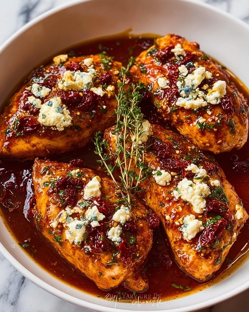 The dish shows four pieces of cooked chicken breasts placed in a white round baking dish filled lightly with a dark reddish sauce. Each chicken piece has a golden-brown, slightly charred texture with visible herbs and spices mixed in. On top of the chicken pieces are scattered small white chunks of cheese, likely feta, and bits of dark red sun-dried tomatoes. Fresh green herb sprigs, probably thyme, lie in the center, adding a fresh touch. The sauce has a glossy, rich look, pooling around the chicken. The whole scene rests on a white marbled surface. photo taken with an iphone --ar 4:5 --v 7