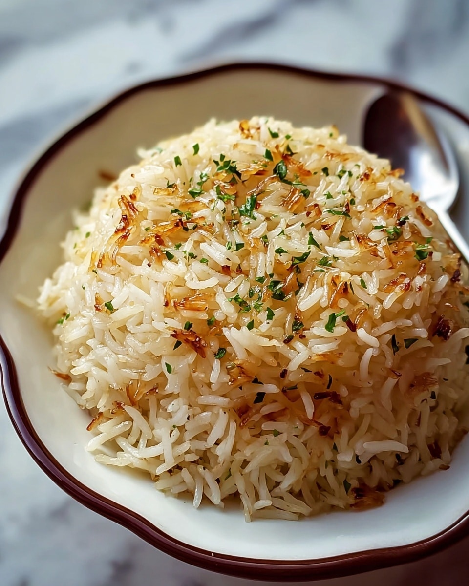A close-up view of a mound of cooked white rice with a slightly browned and crispy top layer, showing some golden-brown toasted spots, sprinkled with small green parsley flakes evenly spread across the surface. The rice grains appear soft and separate, with a light, fluffy texture beneath the toasted top. This mound is placed in a white dish with a subtle brown decorative edge, and a metal spoon is partially visible in the background on a white marbled surface. photo taken with an iphone --ar 4:5 --v 7