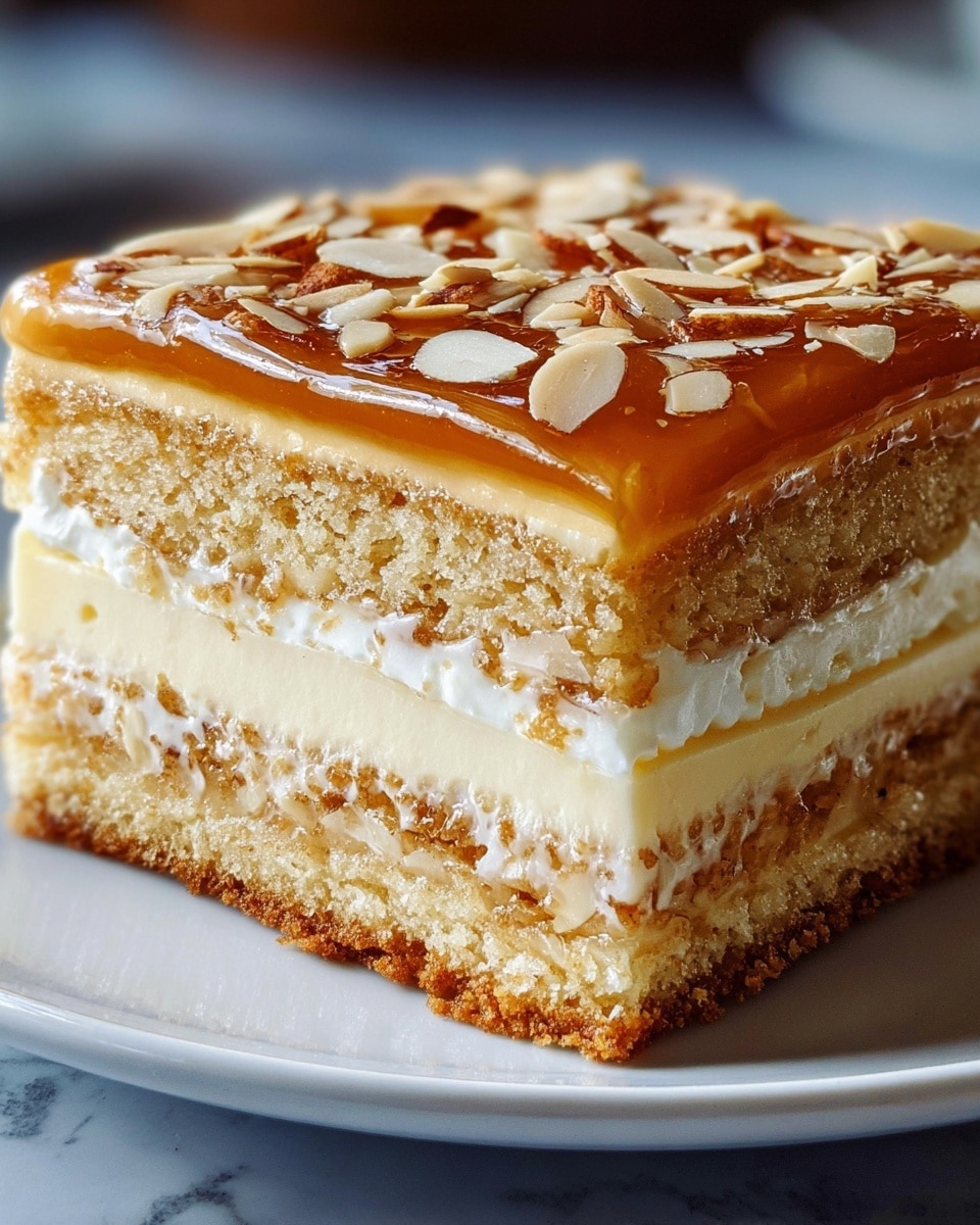 A close-up of a three-layer cake slice on a white plate is shown. The bottom layer is a dense golden-brown cake, the middle layer is thick and creamy white, and the next layer is a lighter and fluffier golden cake with a thin, smooth white cream layer on top. The top layer is covered in a shiny caramel glaze with scattered toasted almond slices that add a textured, glossy finish. The background has a white marbled texture. Photo taken with an iphone --ar 4:5 --v 7