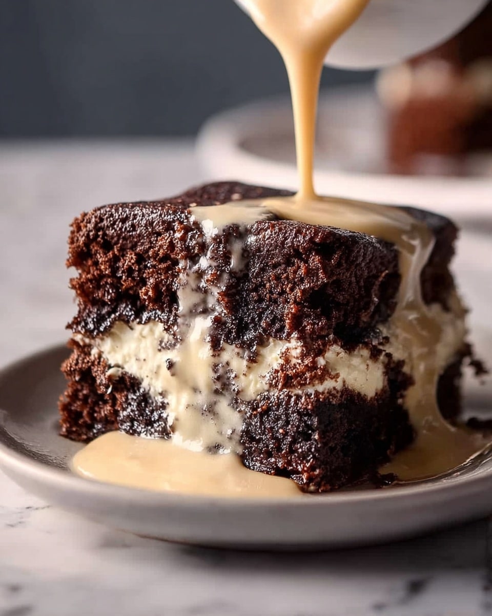 A thick slice of dark, moist chocolate cake sits on a white plate placed on a white marbled surface, with visible chunks of chocolate embedded throughout. The cake is layered with creamy white marshmallow filling that oozes slightly from between the layers. A thick, light tan vanilla sauce with visible specks is being poured smoothly over the top of the cake, cascading down the sides and pooling around the base. The surface of the cake has a dusting of cocoa powder that contrasts with the creamy sauce and dark cake. Photo taken with an iphone --ar 4:5 --v 7
