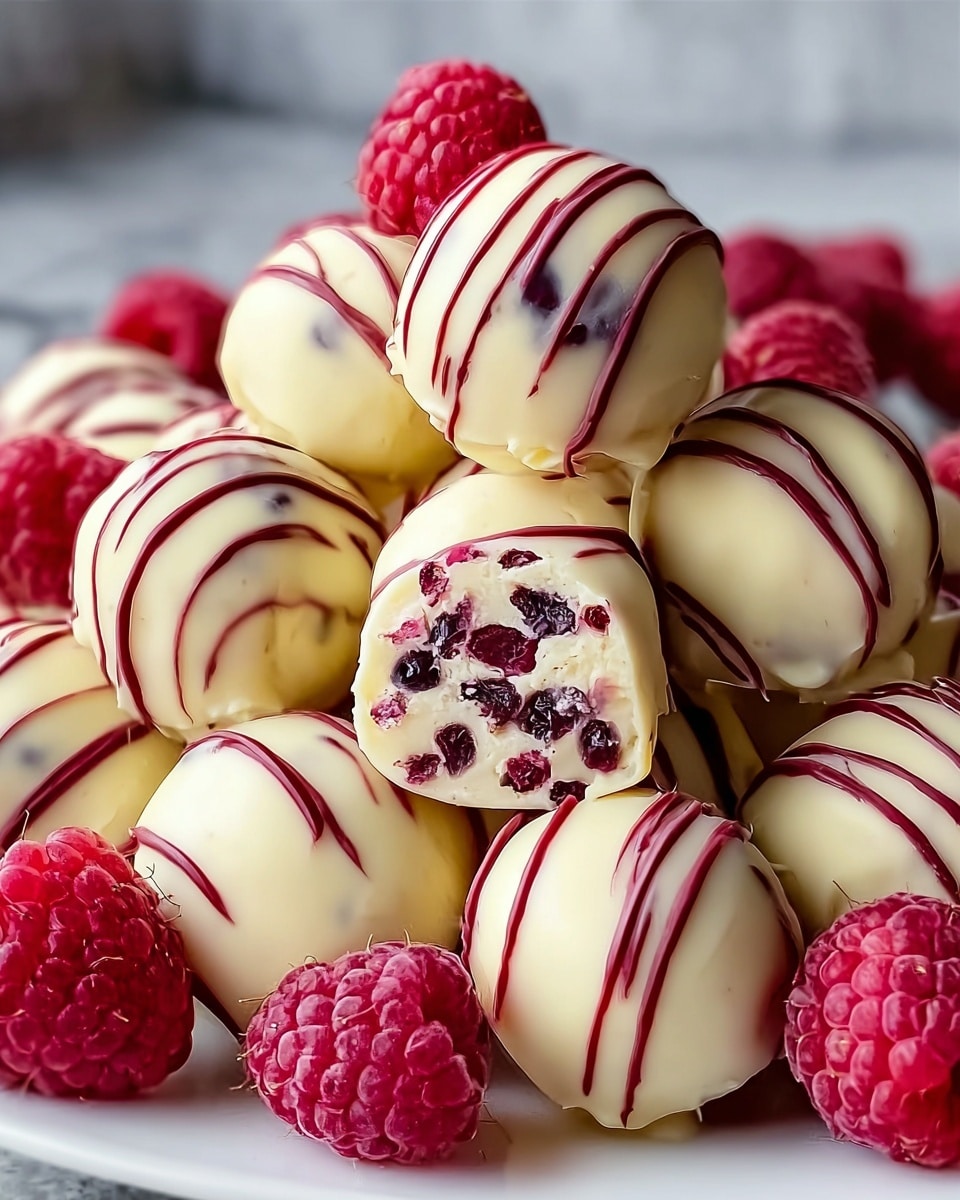 A close-up of a pile of round truffles covered in smooth white chocolate with thin, dark red drizzles on top, each truffle showing some small dark red berry pieces inside. Fresh and frosted raspberries are scattered around and on top of the truffles, adding a bright red color and textured bumpy surface. All the treats sit on a white plate against a soft white marbled background, making the colors and details stand out clearly. photo taken with an iphone --ar 4:5 --v 7