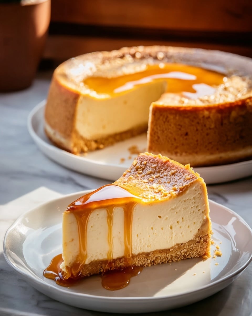 The image shows a slice of creamy cheesecake with a thick light beige filling placed on a white plate. The cheesecake has a golden brown, thick, and slightly crumbly crust that forms the base and edges. A glossy layer of honey is gently dripping down one side of the slice, with some sesame seeds sprinkled on top of the honey. In the background, the rest of the cheesecake sits on a white plate with a white marbled surface nearby, next to a window with natural light shining in. photo taken with an iphone --ar 4:5 --v 7