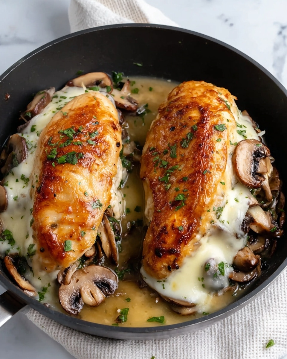 The image shows two large chicken breasts cooked in a black pan, each topped with a golden-brown crispy skin layer. Below the skin, there is a melted white cheese layer that oozes slightly over the edges, mixed with sautéed brown mushroom slices that add texture and earth tones. Small bits of fresh green herbs are scattered over the mushrooms and chicken, adding a touch of color. The pan rests on a white cloth, and the background is a white marbled texture. photo taken with an iphone --ar 4:5 --v 7