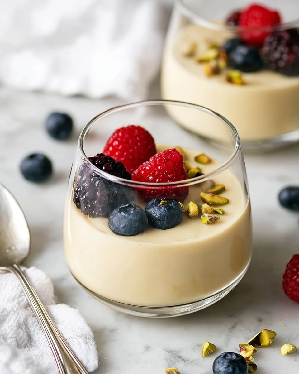 A clear glass cup filled with a smooth, creamy pale yellow pudding forms the base layer, topped with a mix of fresh berries including red raspberries, dark blackberries, and deep blue blueberries scattered on one side. Small pieces of chopped green pistachios are sprinkled lightly over the berries and pudding. The cup sits on a white marbled surface with a silver spoon and a white cloth napkin nearby. Photo taken with an iphone --ar 4:5 --v 7