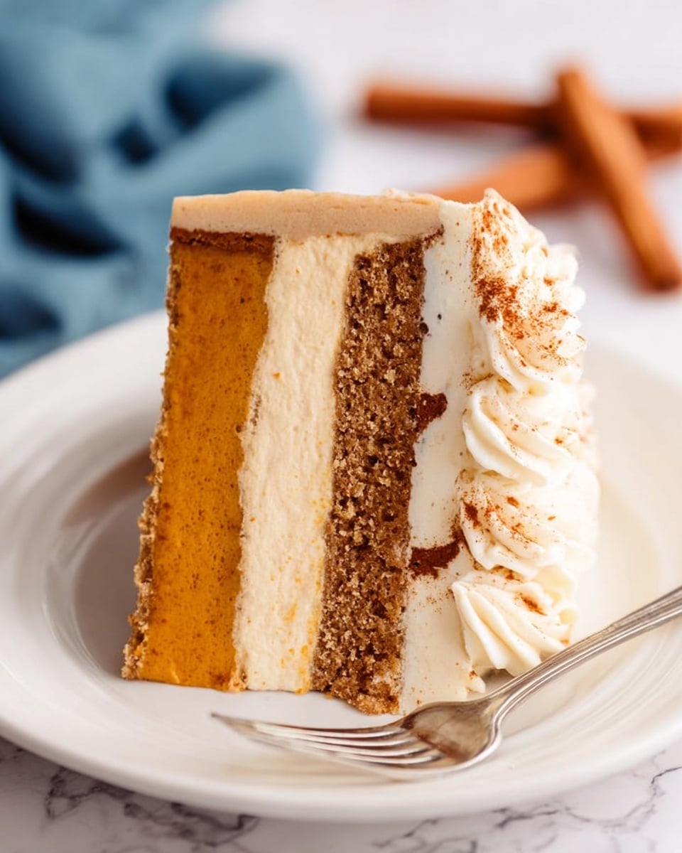 A slice of cake is placed on a white plate, showcasing three main vertical layers: the bottom layer is a smooth, slightly glossy orange-brown filling, the middle layer is a light cream with a soft texture, and the top layer is a light brown cake with a crumbly texture. The entire slice is covered in a creamy white frosting with a piped swirl on the right edge, lightly dusted with cinnamon. In the background, a blurred white plate with forks and some cinnamon sticks on a white marbled surface can be seen. Photo taken with an iphone --ar 4:5 --v 7