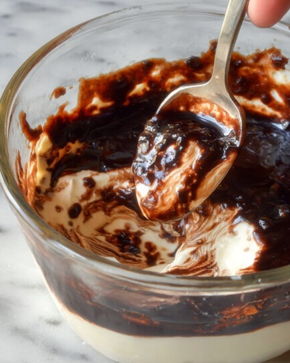 The image shows a close-up of a dessert with two main layers: a white creamy layer at the bottom with a smooth texture, and a thick dark brown sauce covering the top, appearing rich and glossy with some uneven spots. A metal spoon is scooping into the dessert, revealing the soft creamy layer under the sauce and creating a swirl effect where the two layers mix. The dish is shown in a round white bowl, placed on a white marbled surface. Photo taken with an iphone --ar 4:5 --v 7